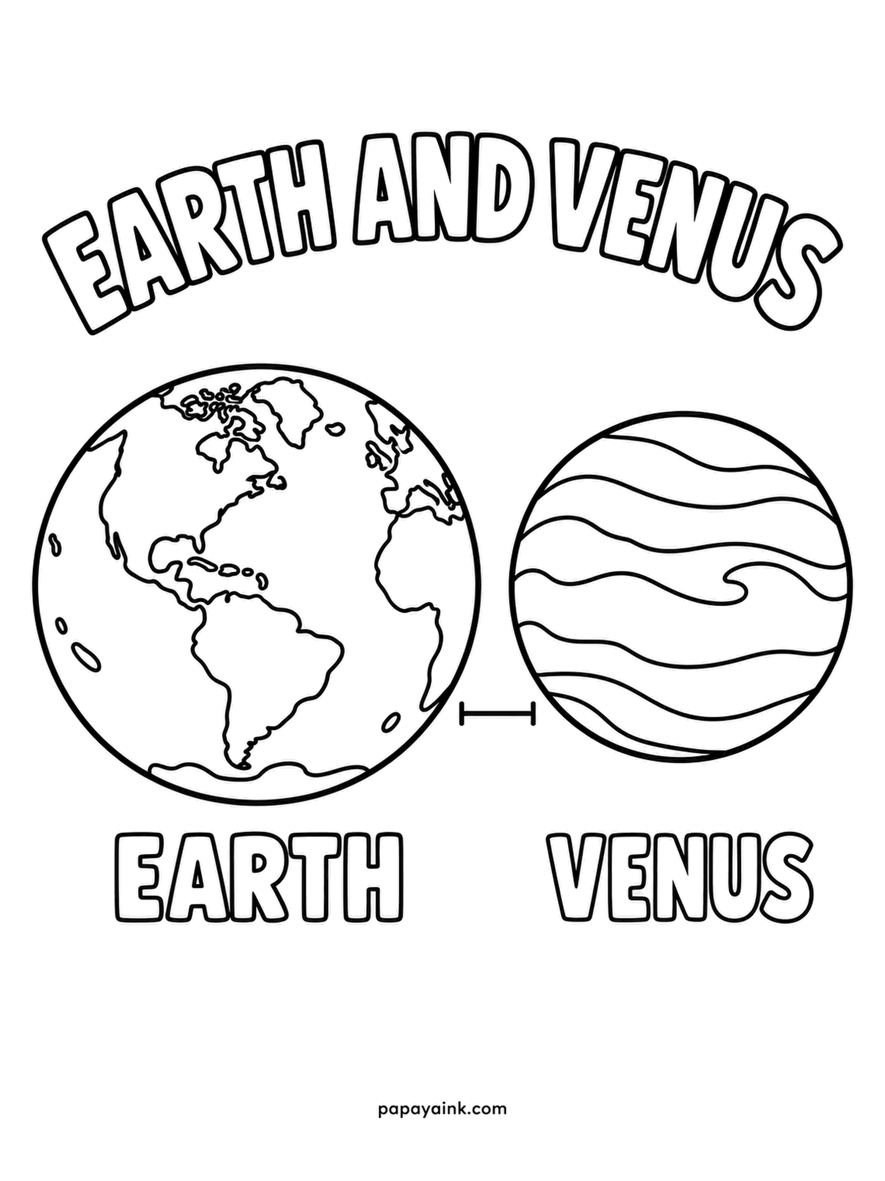 Planet Coloring Pages - Twins of the solar system, Earth and Venus, drawn almost the same size, because they nearly are - Venus is only a little smaller, which is why astronomers call them twins. Ocean and forest shades on the left, buttery cloud swirls on the right.