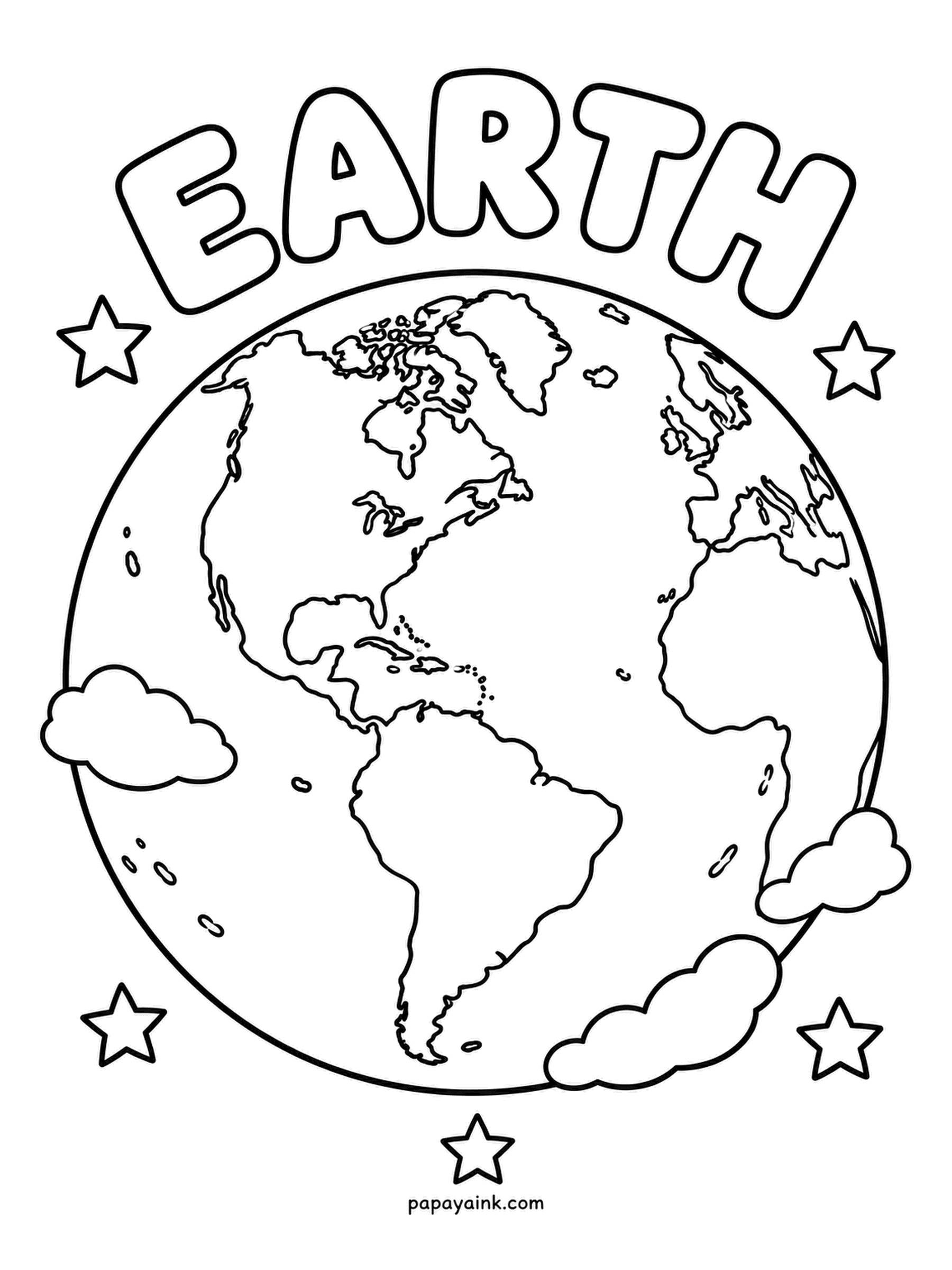 Planet Coloring Pages - Earth as seen from above the Americas, with cloud puffs drifting past the coastlines and stars in the corners. Blue oceans, green continents, white clouds - the classic marble. Keep the top and bottom edges uncolored for the ice caps.