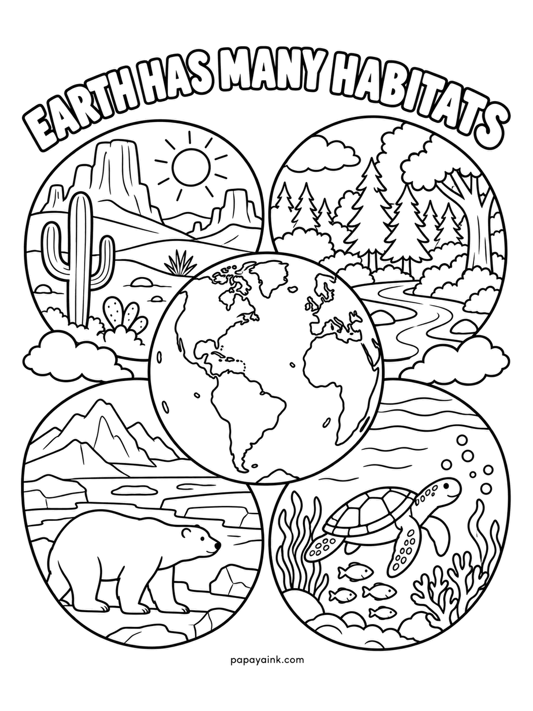 Earth Coloring Pages - Four windows around one globe: desert with cactus and mesa, pine forest with a stream, polar ice with a bear, and a reef with a sea turtle. Each habitat has its own palette, so finish the circles one at a time. Detailed.