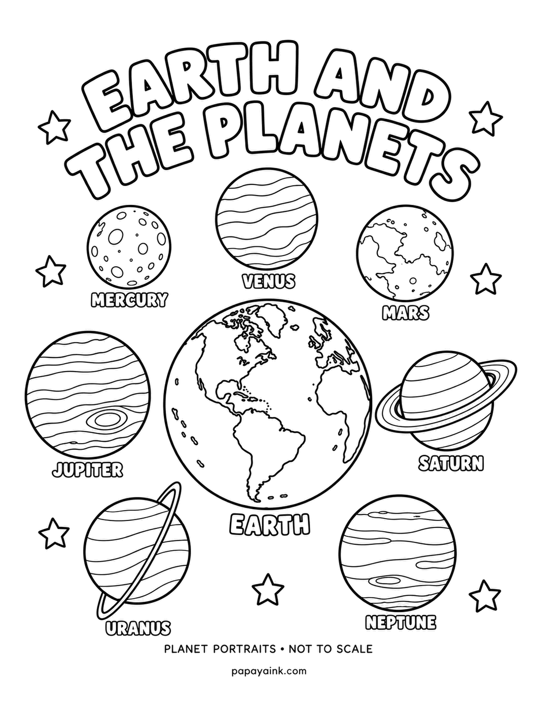 Earth Coloring Pages - Earth in the middle and the seven other planets around it, each with its own face: cratered Mercury, cloudy Venus, rusty Mars, banded Jupiter, ringed Saturn, tipped Uranus and blue Neptune. Not to scale. A portrait gallery to color one planet at a time.