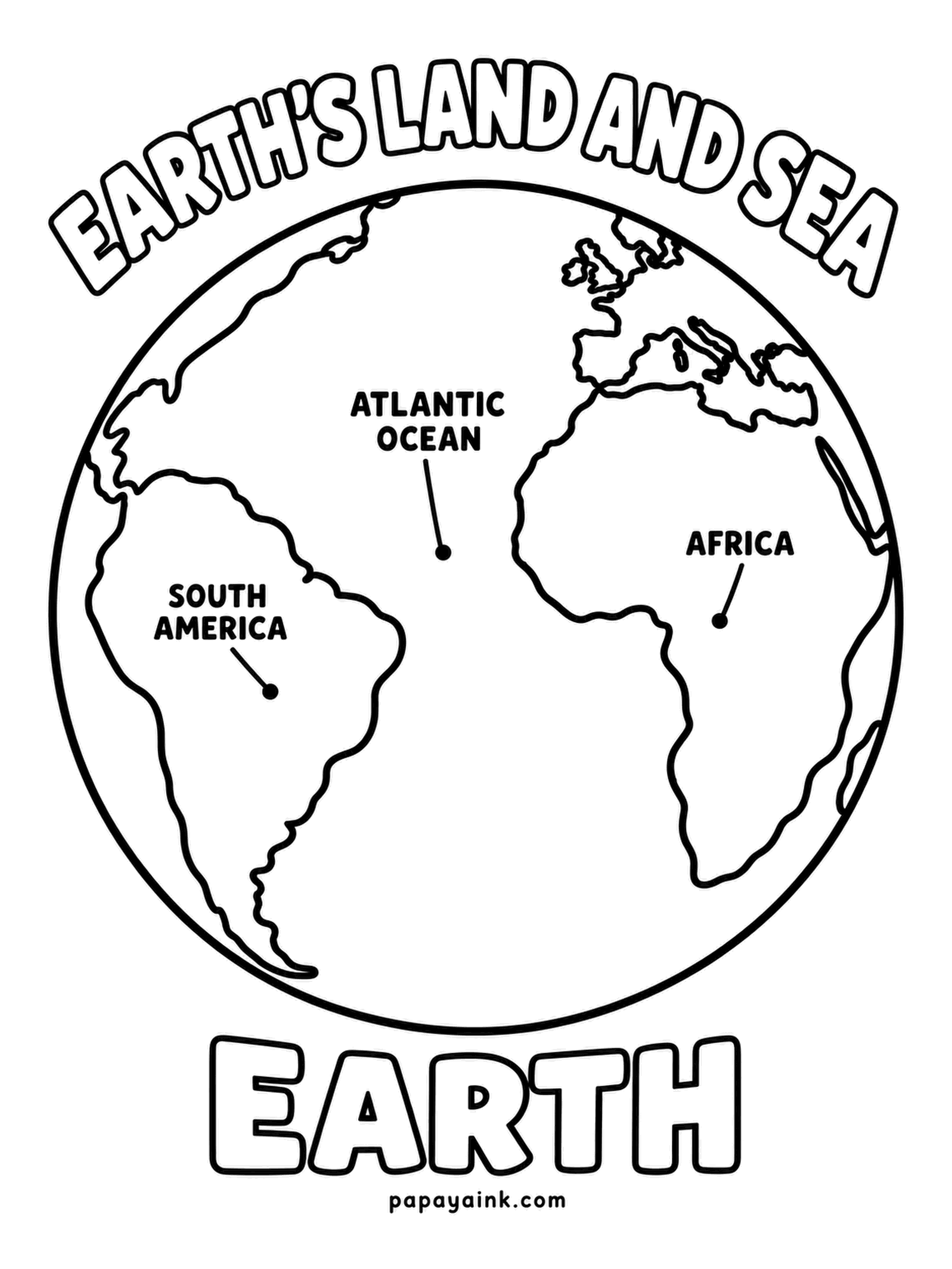 Planet Coloring Pages - Earth's land and sea with three labels to find: South America, the Atlantic Ocean and Africa. A gentle map lesson disguised as a coloring sheet; deep teal for the water and two greens for the continents.