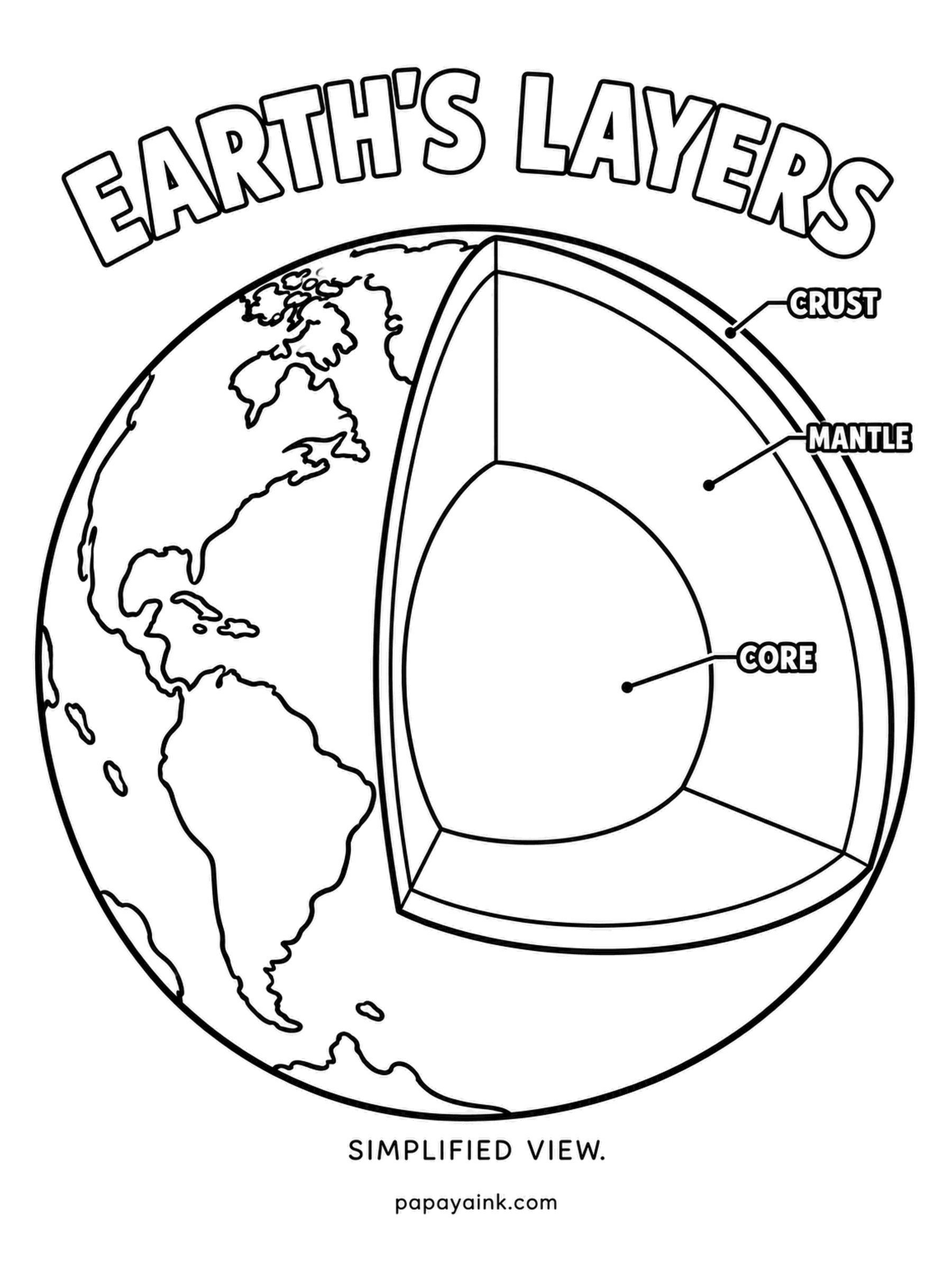 Planet Coloring Pages - Earth's layers in a cutaway wedge: the thin crust, the thick mantle and the hot core at the center. Each layer is its own band, so try a fire gradient - gold core, orange mantle, brown crust - with cool ocean tones on the outside.