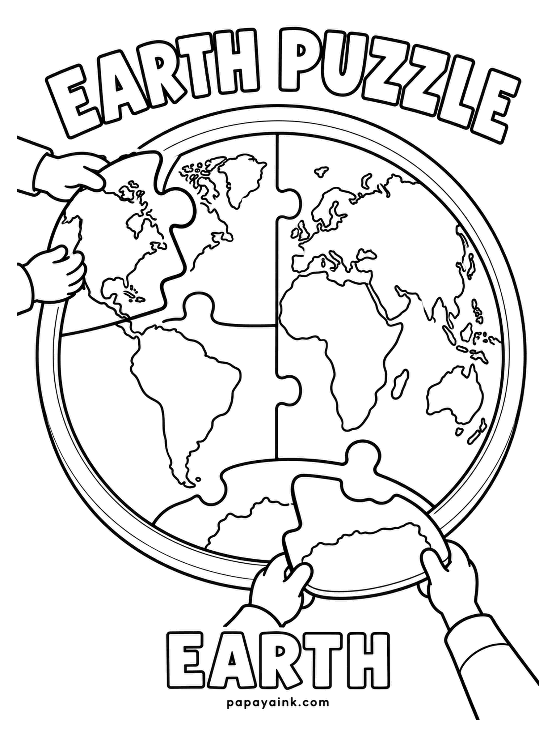 Planet Coloring Pages - Earth puzzle: four jigsaw pieces of the globe, two already in place and the rest being pushed in from the edges. Finish the map in the usual blues and greens, then outline every piece in a bold dark line so the puzzle reads.