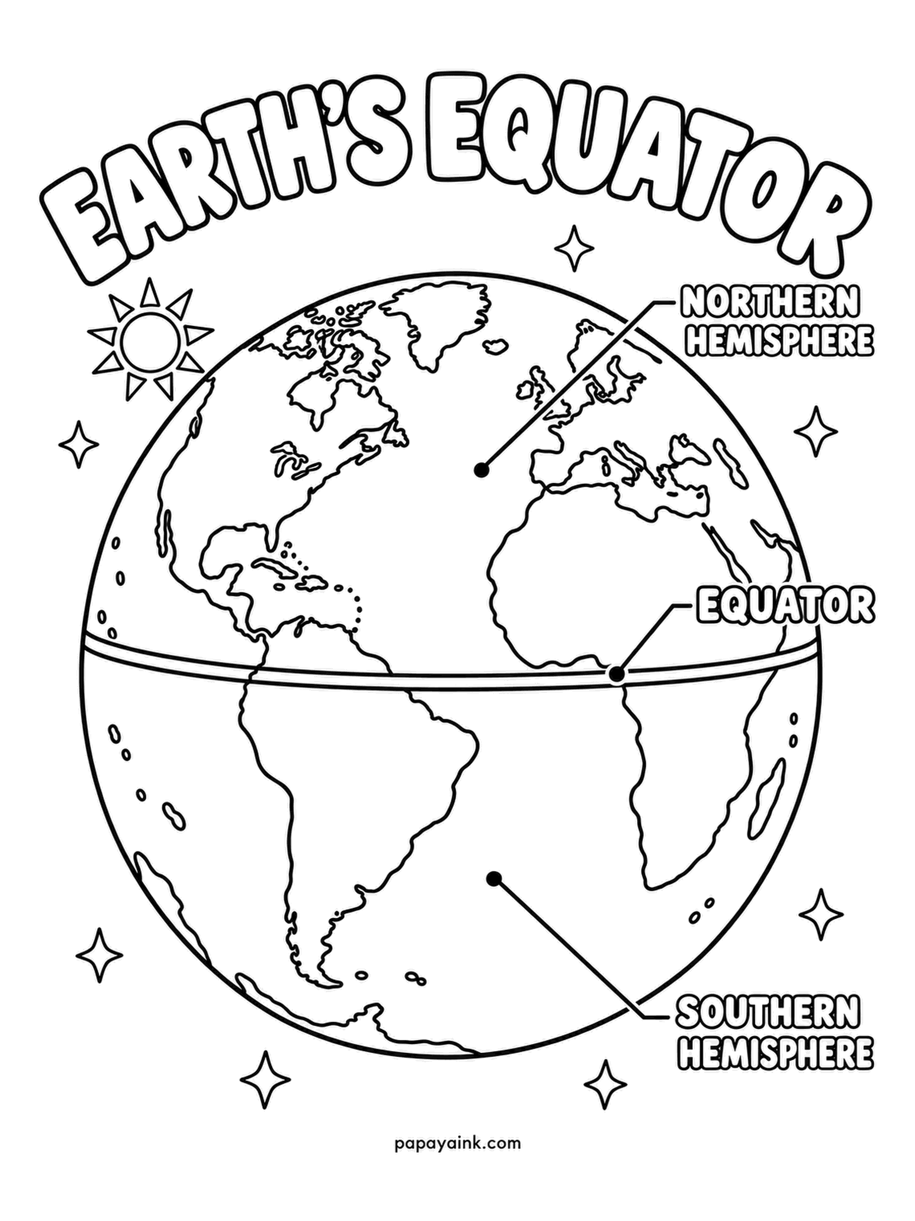 Earth Coloring Pages - Northern Hemisphere above, Southern below, and the equator between them running across the Amazon and central Africa, right where it belongs. Days on that line are the same length all year. A thin red stripe along it is the classic schoolroom look.
