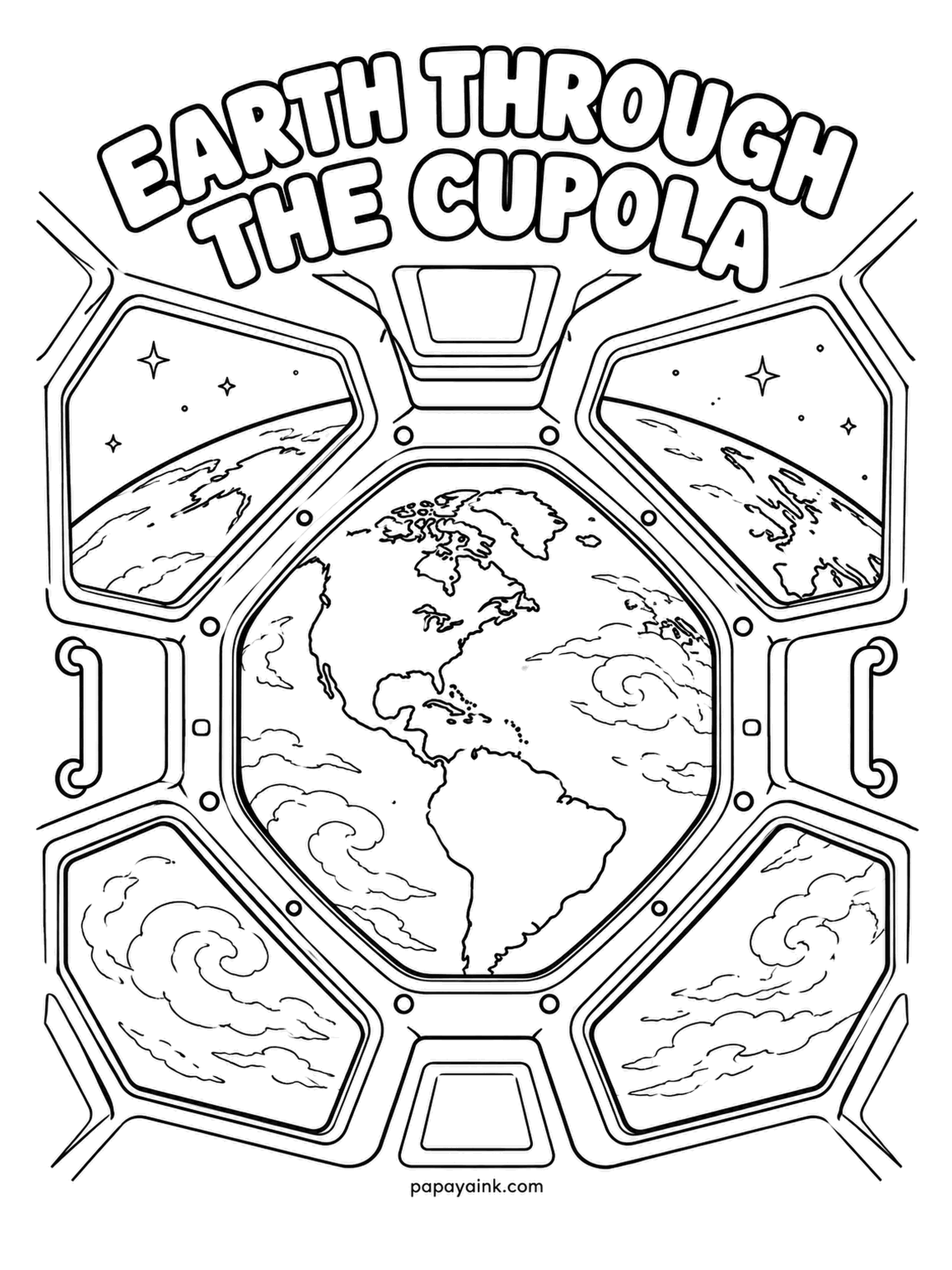 Earth Coloring Pages - Seven windows of the station's cupola, Earth filling the big one and the curve of the horizon in the panes either side. The cupola is where astronauts go to look at home. Space stays black, the frame pale gray, the planet does the rest.