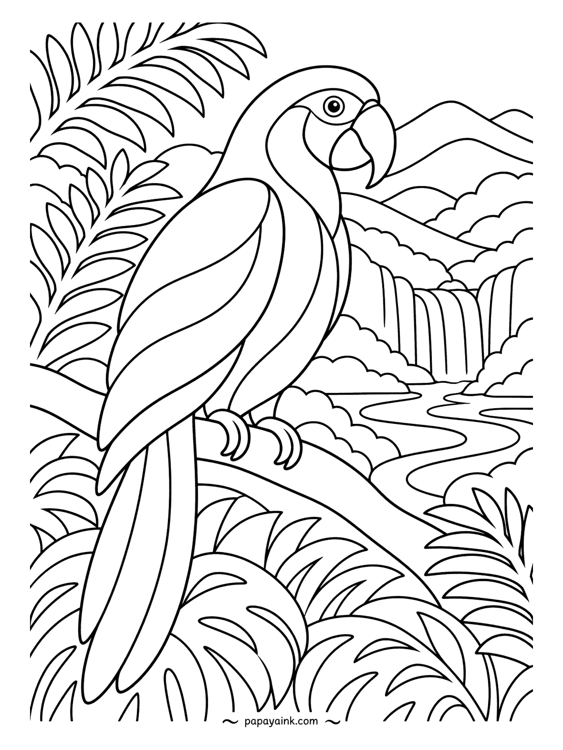 Parrot Coloring Pages - Thick, confident lines and nothing fussy: a macaw above a river and waterfall, with monstera and fern leaves around. No fine detail anywhere - large areas, ideal for markers.