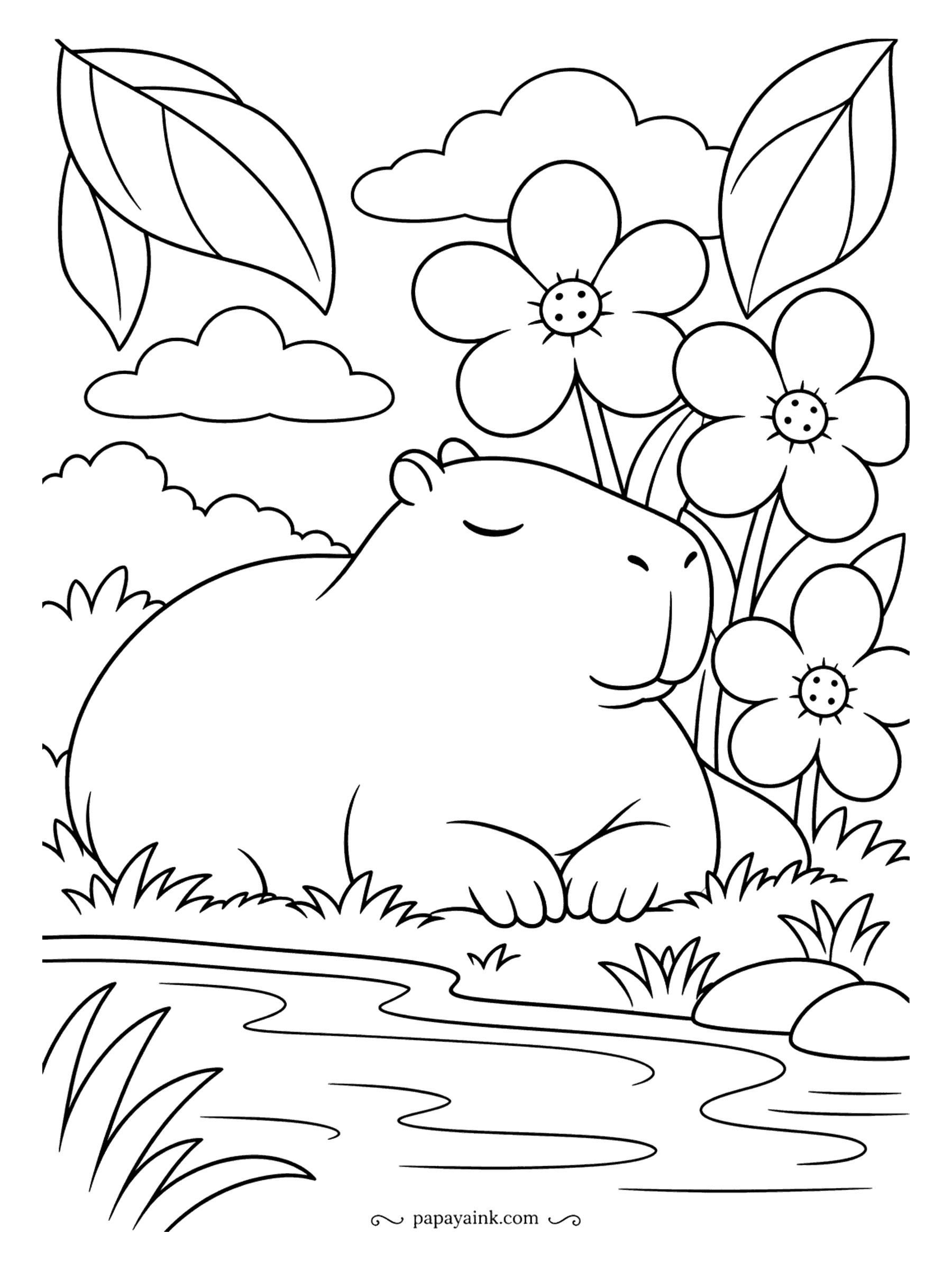 Capybara Coloring Pages - Easy capybara for little hands: thick outlines, a sleepy smile, oversized flowers and a single cloud. It rests by the pond with nothing to do, which is exactly how capybaras like it.