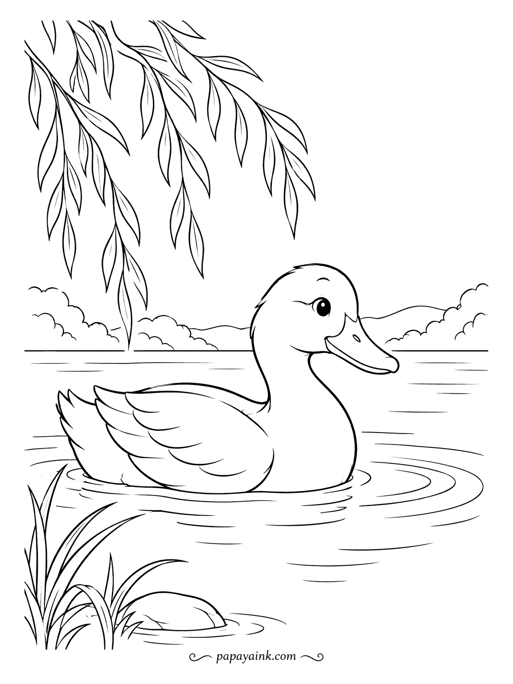 Duck Coloring Pages - Willow branches hang over a quiet pond where a single duck paddles past a clump of reeds. Very few lines here, which makes it a nice warm-up for markers or a first try for a young child.