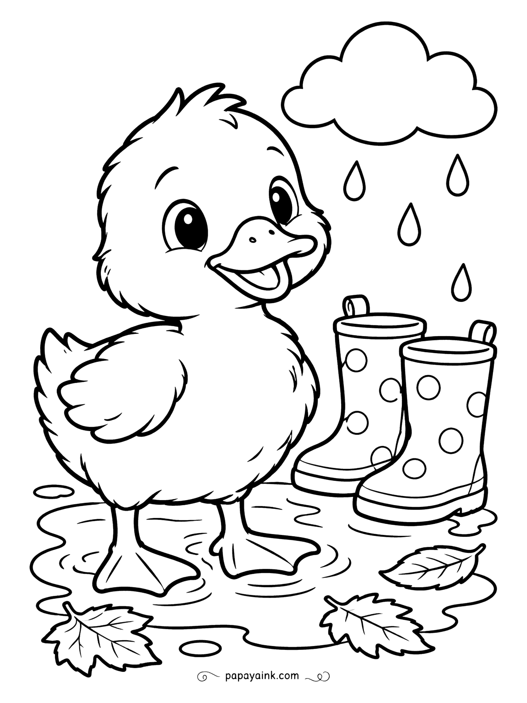 Duck Coloring Pages - Someone bought this duckling polka-dot rain boots, and it has decided that bare webbed feet suit a puddle better. Raindrops, a cloud and a few fallen leaves complete the scene. Big simple outlines, an easy one for small hands.