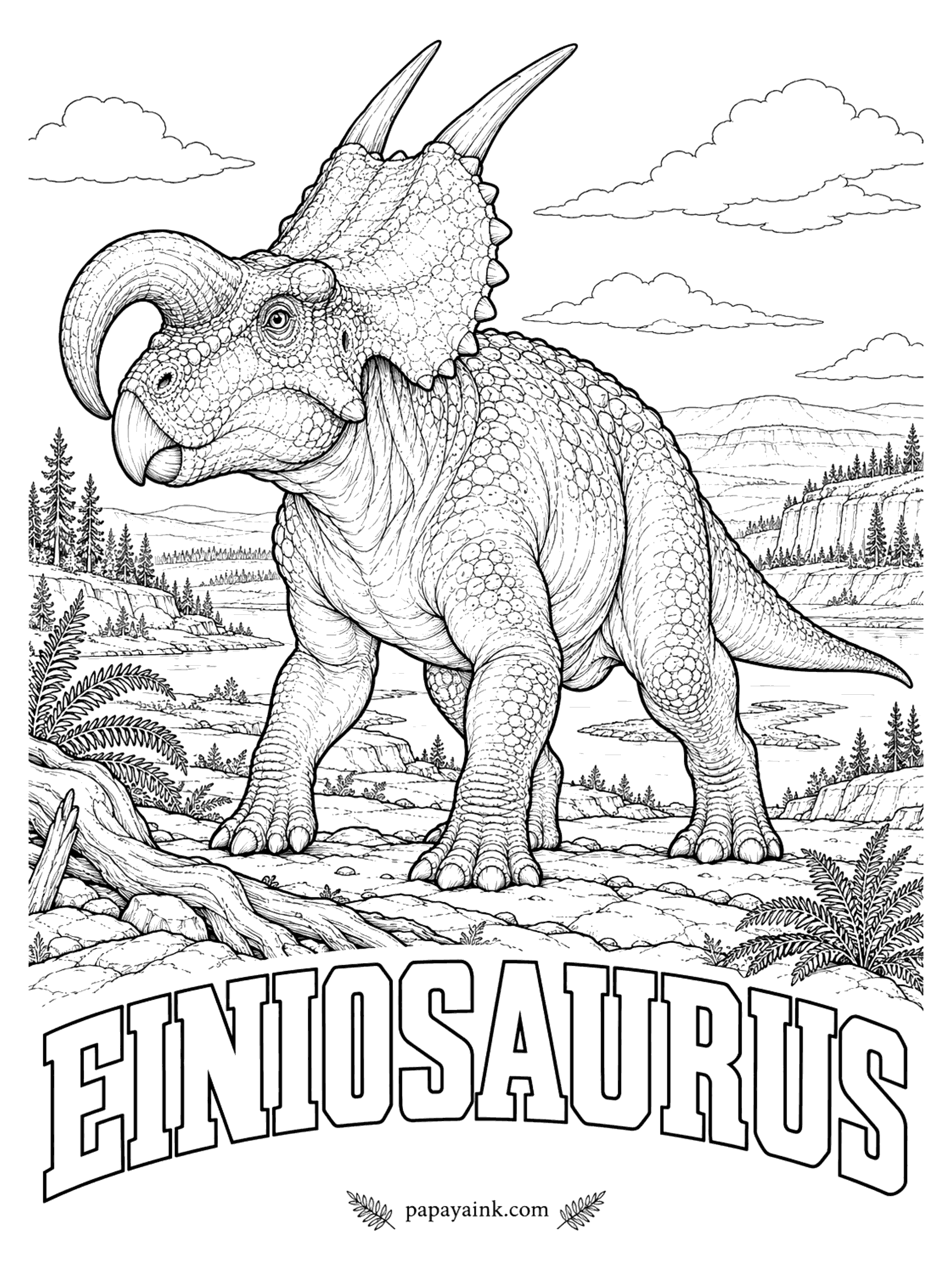 Free Printable Dinosaur Coloring Pages - Like a can opener: in some adults the nose horn bends forward and down. Einiosaurus (eye-nee-oh-SORE-us, buffalo lizard, from the Blackfeet word for bison) also had two long straight spikes at the top of its frill. A plant-eater about 15 feet long. Montana, about 74 million years ago.