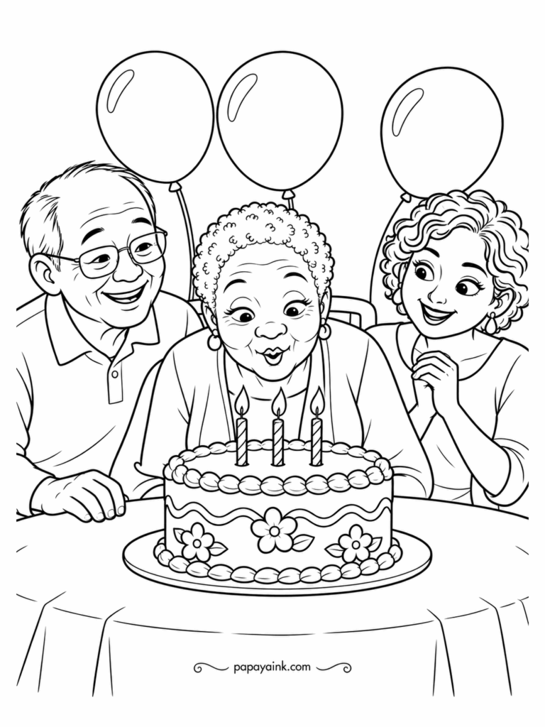 People Coloring Pages - Three candles for a birthday with far more years behind it, and nobody at the table is counting. One friend leans in, the other has her hands clasped for the wish. Three different shades for the balloons so they read as a bunch.