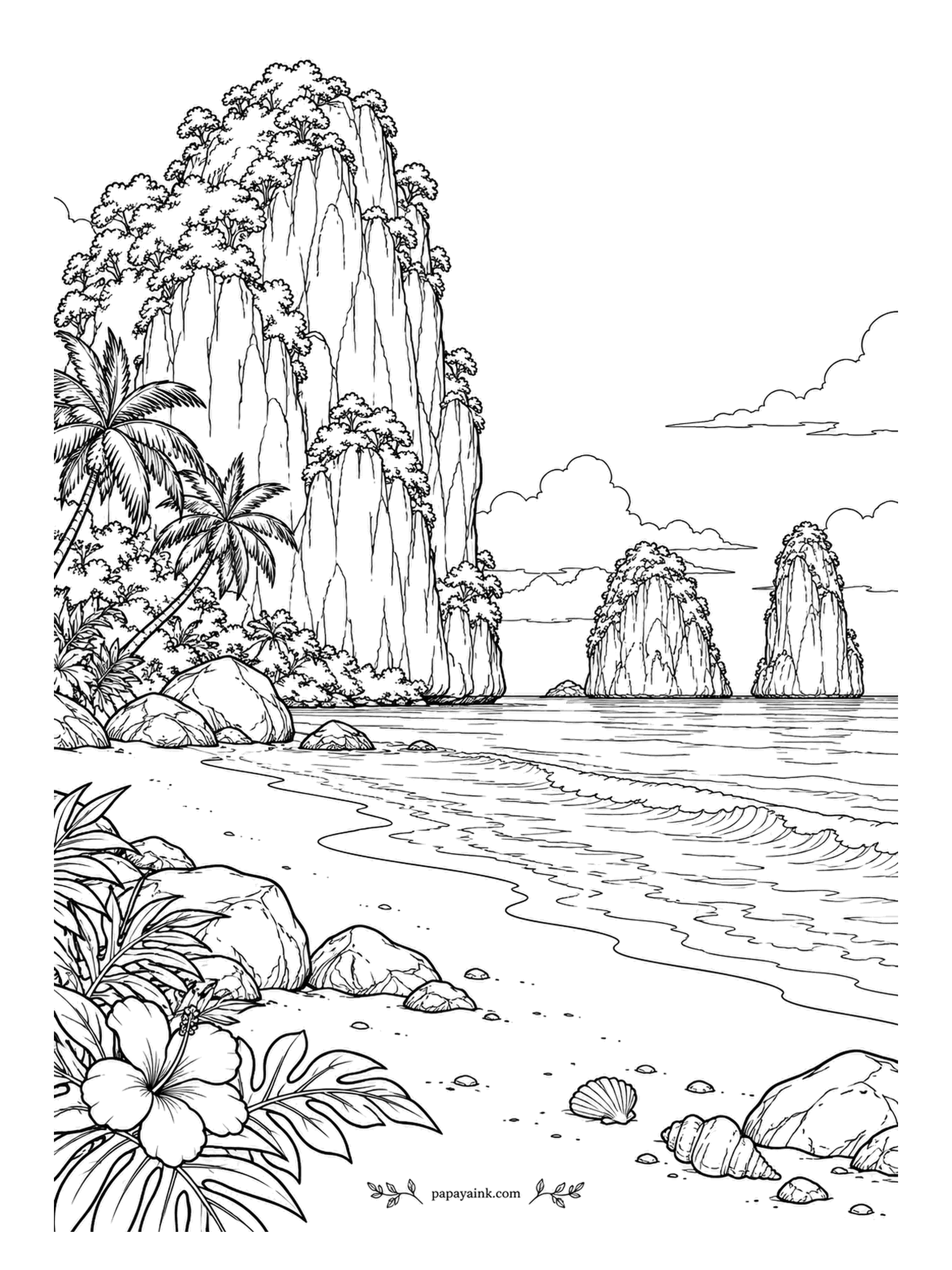 Beach Coloring Pages - Emerald Karst: limestone towers climb straight out of a sheltered bay, every ledge furred with jungle, with two smaller pinnacles standing offshore. The palms down on the sand look tiny by comparison, because they are. Detailed - sharp pencils for the cliff faces.