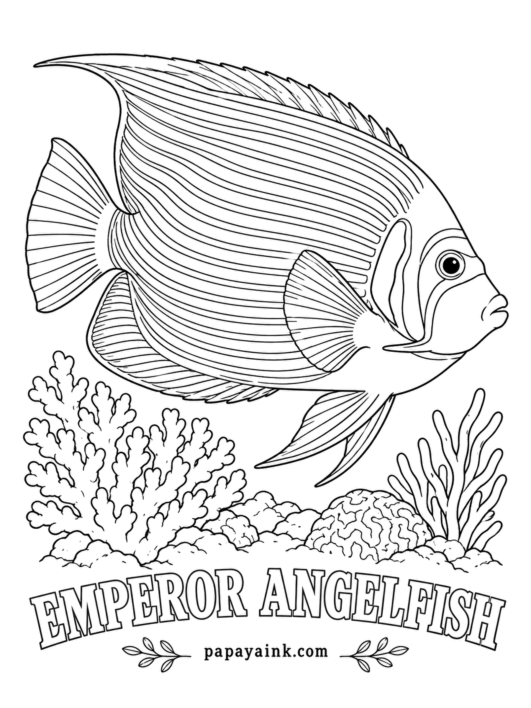 Ocean Fish Coloring Pages - Juveniles wear navy with white rings, so unlike their parents that they look like another species entirely. This adult has the grown-up suit: yellow and blue stripes, a dark blue-edged mask, white face, orange tail. Detailed - sharpen the pencils.