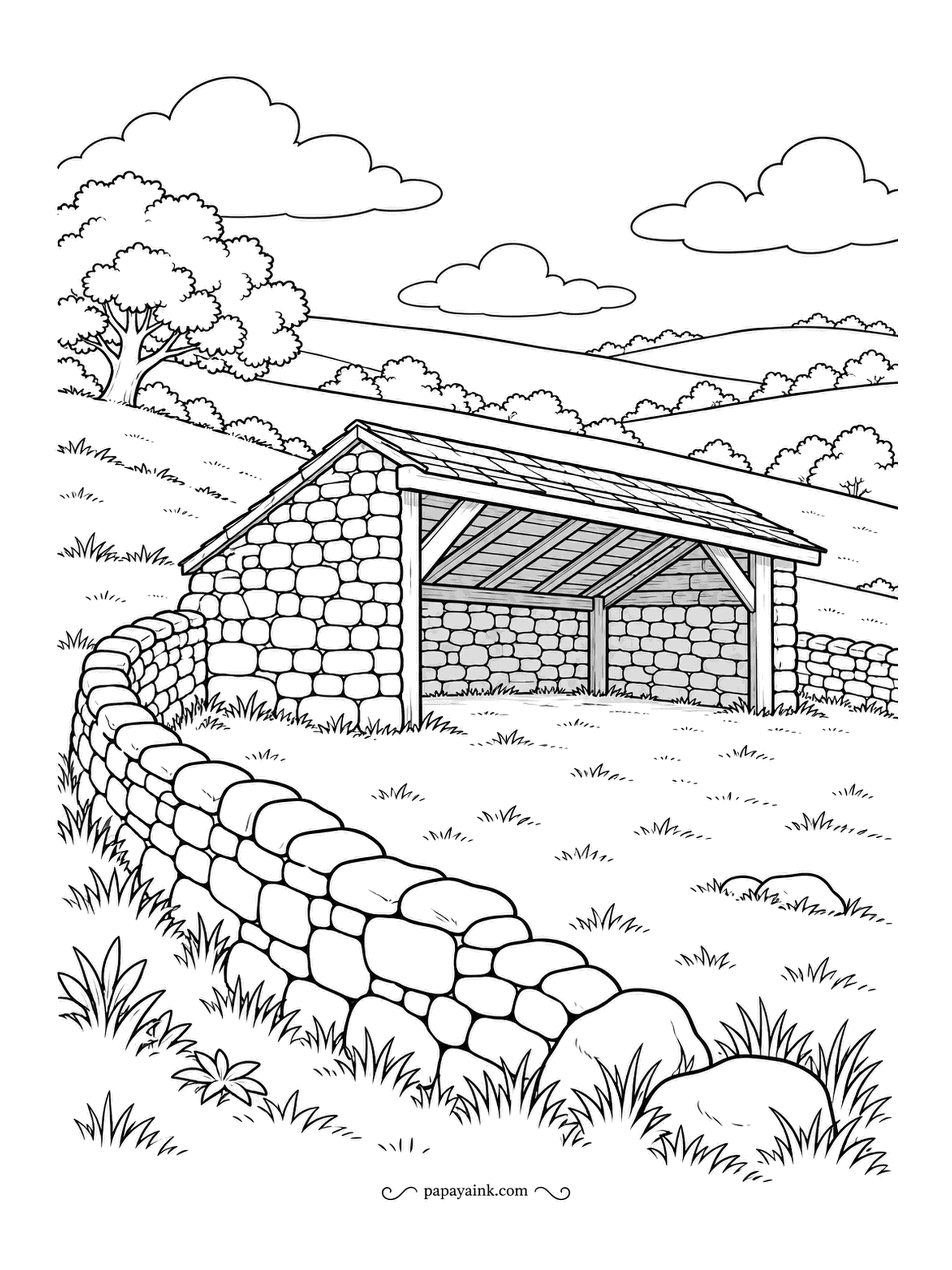 Farm Coloring Pages - Sheep shelter of fieldstone on a hillside, one wall missing, with a drystone wall curving down to the foreground. Every stone is drawn separately, and no two are the same shape. Detailed - soft grays and tans will stop the wall from going flat.