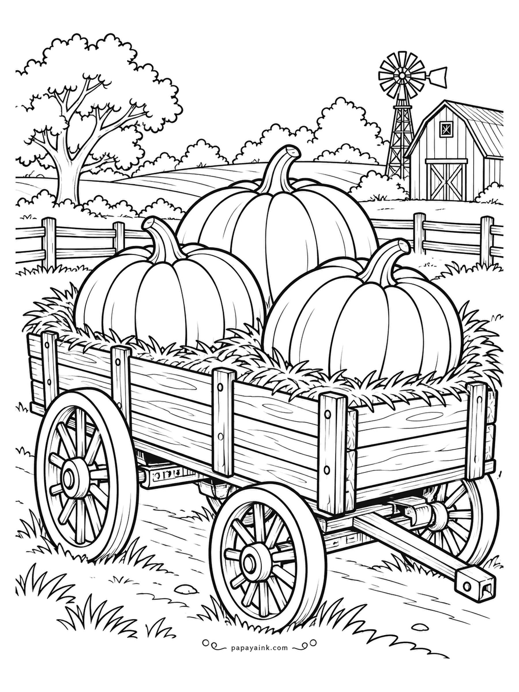 Farm Coloring Pages - Wooden wagon with spoked wheels loaded with four pumpkins on a bed of straw, a windmill on the horizon. Each pumpkin has its own ribs and stem. Orange on orange works, or try one white and one green for variety.