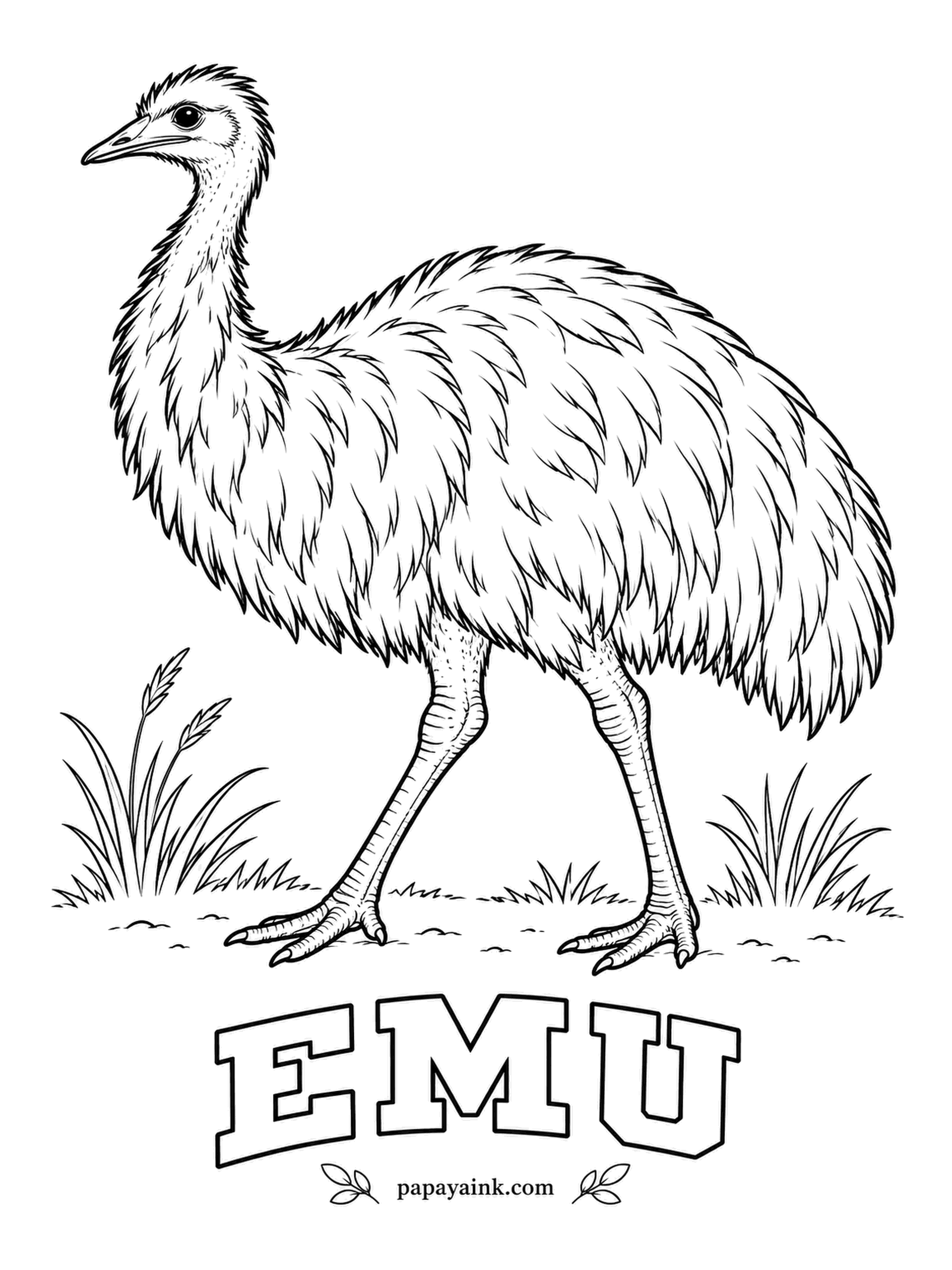 Printable Bird Coloring Pages - Once the female lays, she leaves; the male sits on the dark green eggs for about eight weeks and barely eats. The Emu is shaggy gray-brown, its loose feathers almost hairlike, with blue-tinged skin on the neck. Short strokes work best for the plumage.