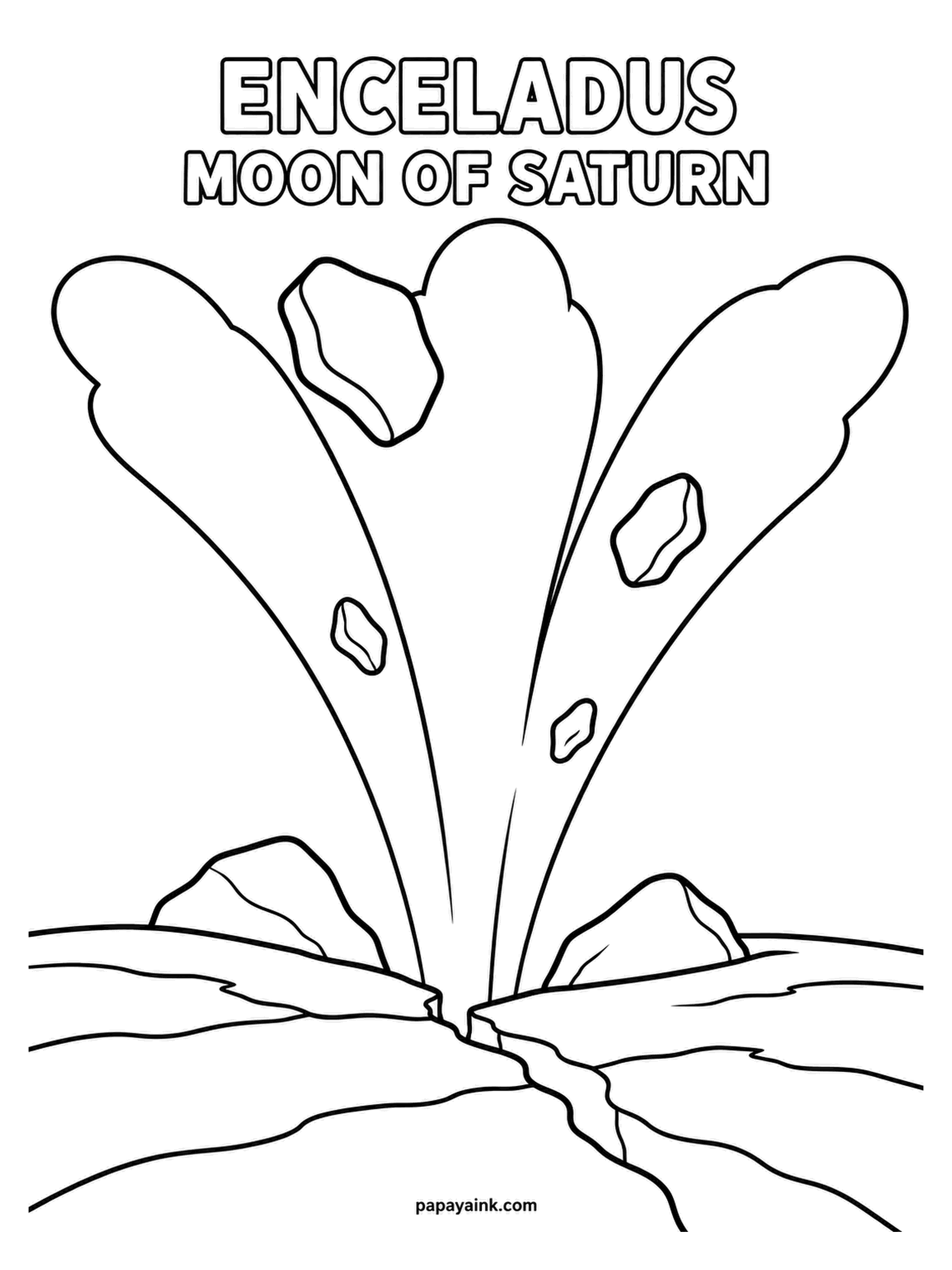 Planet Coloring Pages - Enceladus, a moon of Saturn, fires plumes of ice from cracks in its frozen crust - real geysers that feed one of Saturn's rings. Frost and pale sky tints for the spray, steel for the ground, and nothing but black above.