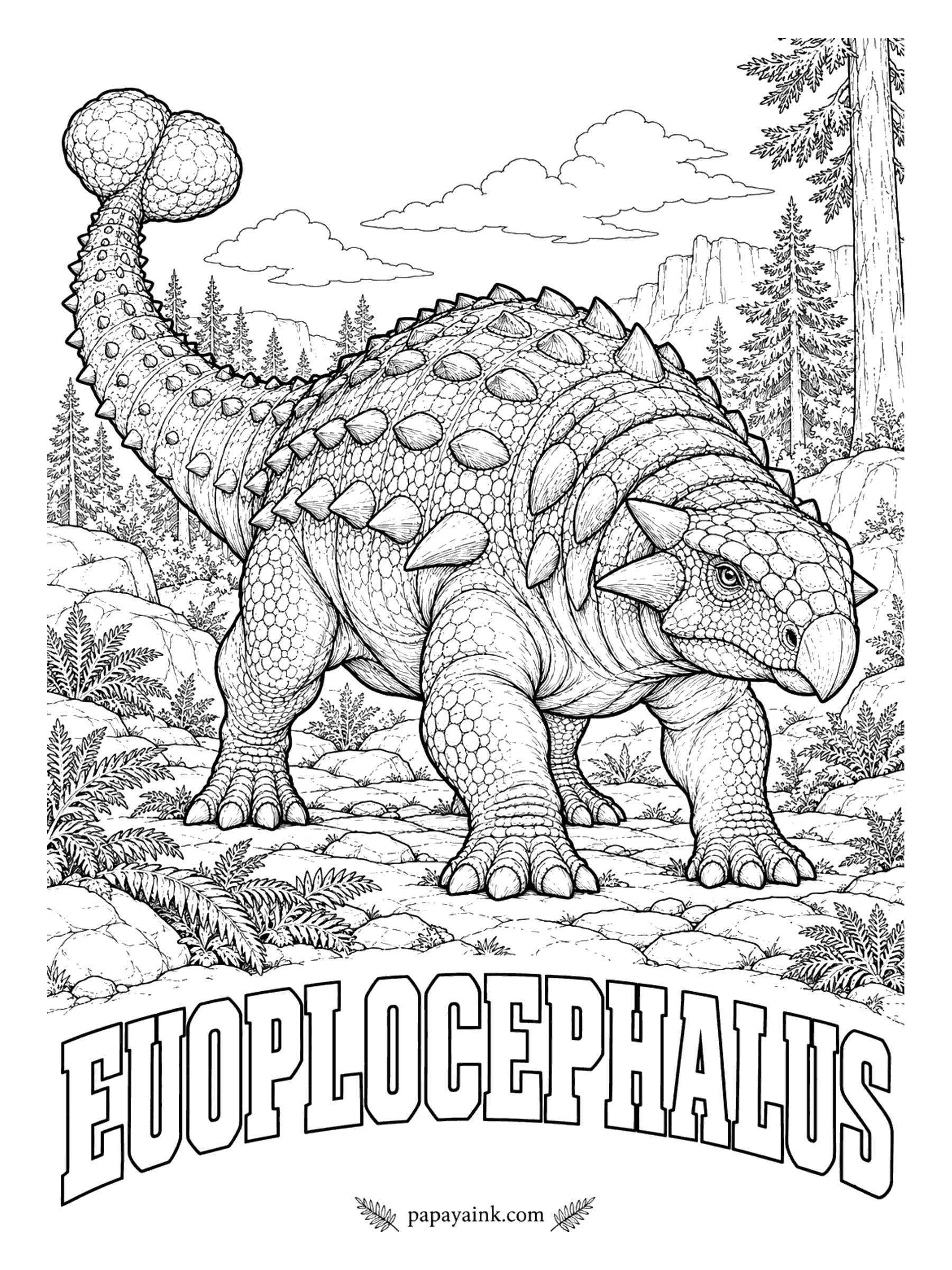 Free Printable Dinosaur Coloring Pages - Even the eyelids seem to have been armored. Euoplocephalus (you-OP-loh-SEF-ah-lus, well-armored head) was covered in bony plates and knobs from nose to tail and carried a heavy club at the end. A plant-eater about 18 feet long. Alberta, Canada, about 76 million years ago.