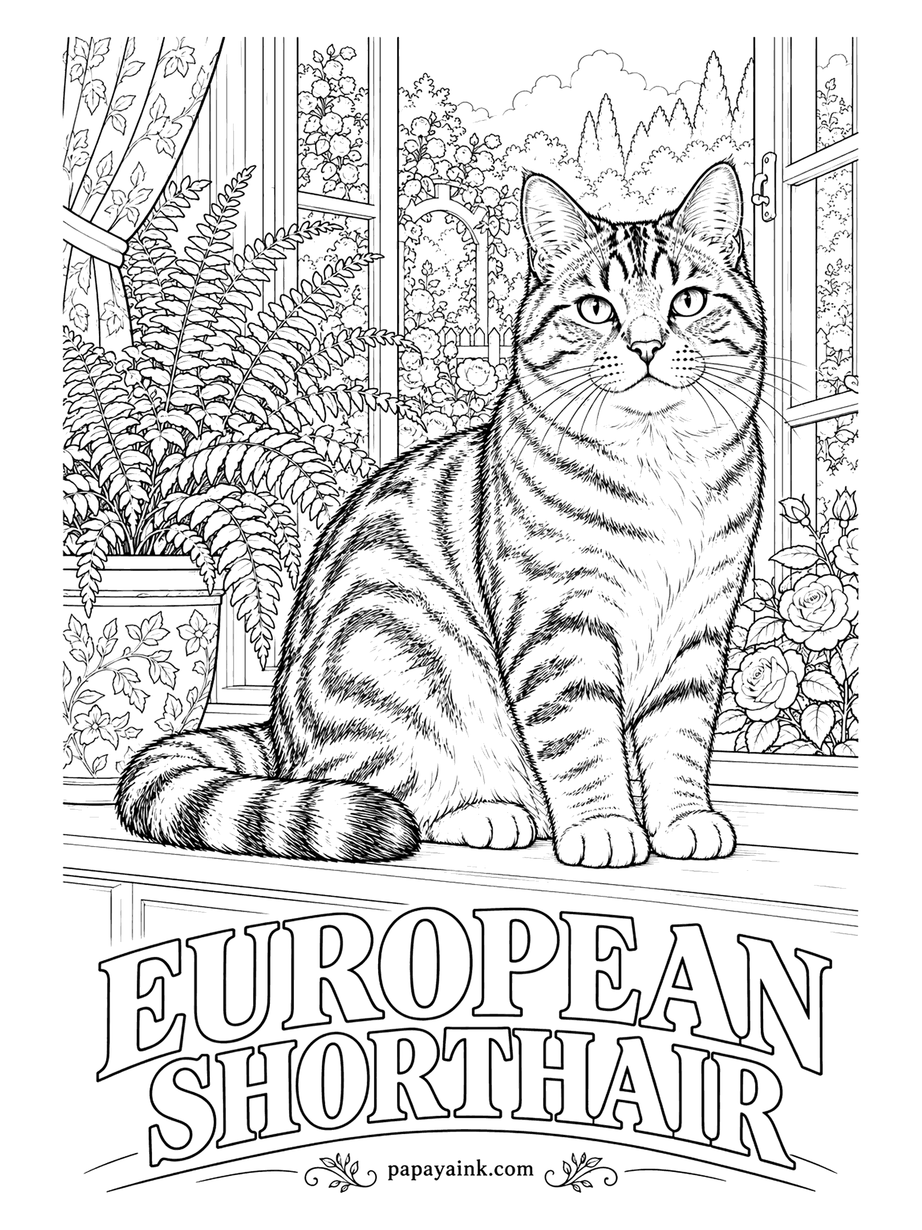 Free Printable Cat Coloring Pages - Developed in Finland and Sweden from the sturdy farm cats of the north, the European Shorthair has a round face, a strong body and no exaggeration anywhere. Tabbies like this one are common; brown, silver and red all work. Darken the stripes, not the ground.