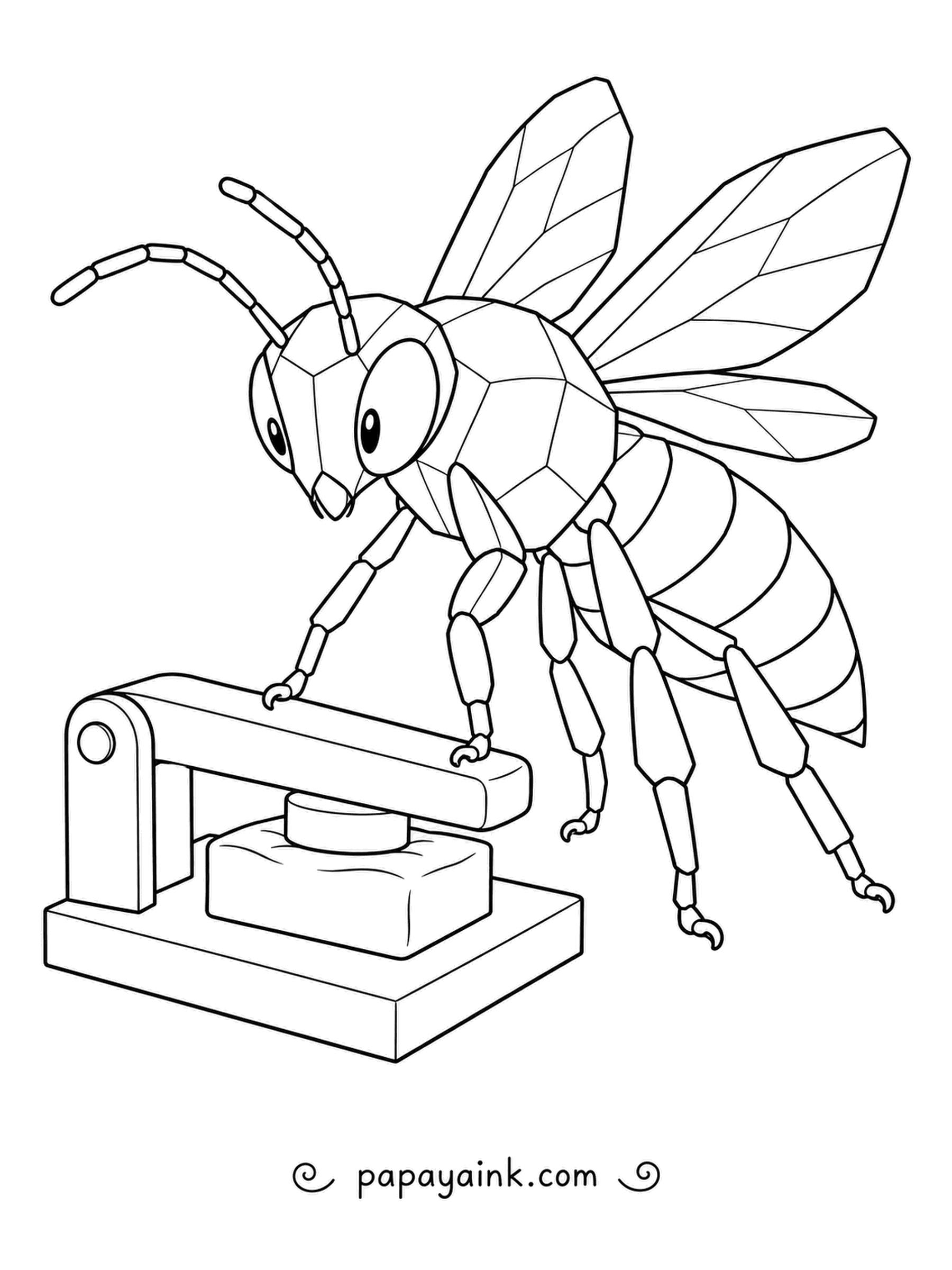 Bee Coloring Pages - Bearing down on a hinged lever, a faceted bee squeezes a small block flat in a tabletop press. Color the press in metal grays and let the bee's yellow stripes shine against it.