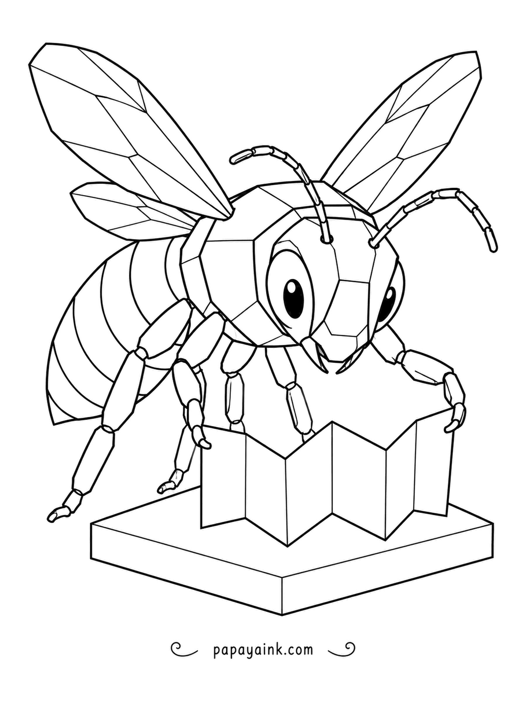 Bee Coloring Pages - Zigzag folds of paper stretch out as a crystal-cut bee tugs the top edge of an accordion. Facets on its head and wings work well in several shades of yellow, amber and brown.