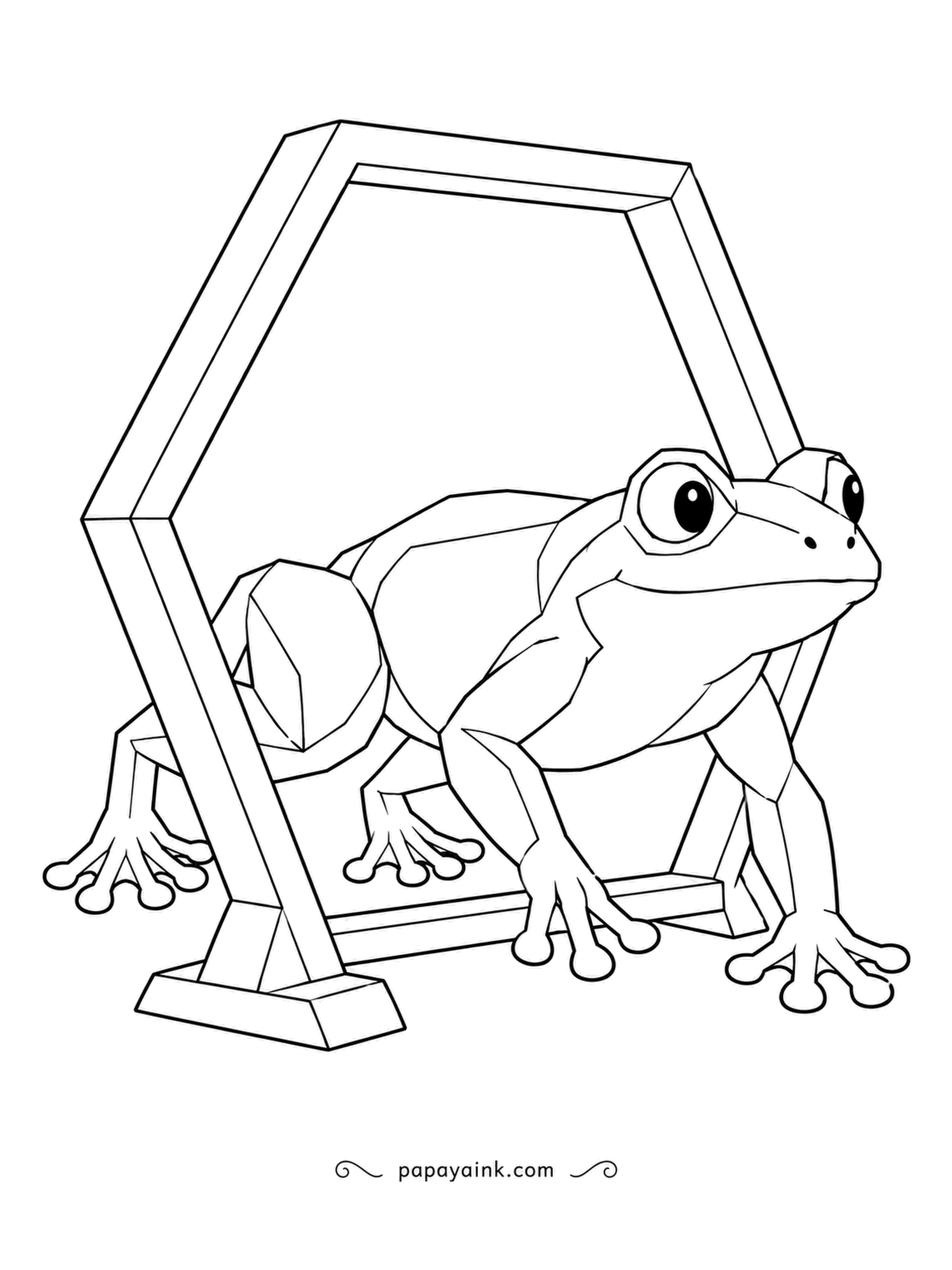Frog Coloring Pages - A six-sided hoop stands on the floor, and a faceted explorer creeps through it, front feet first, eyes on the far side. Shade every plane in a slightly different green.