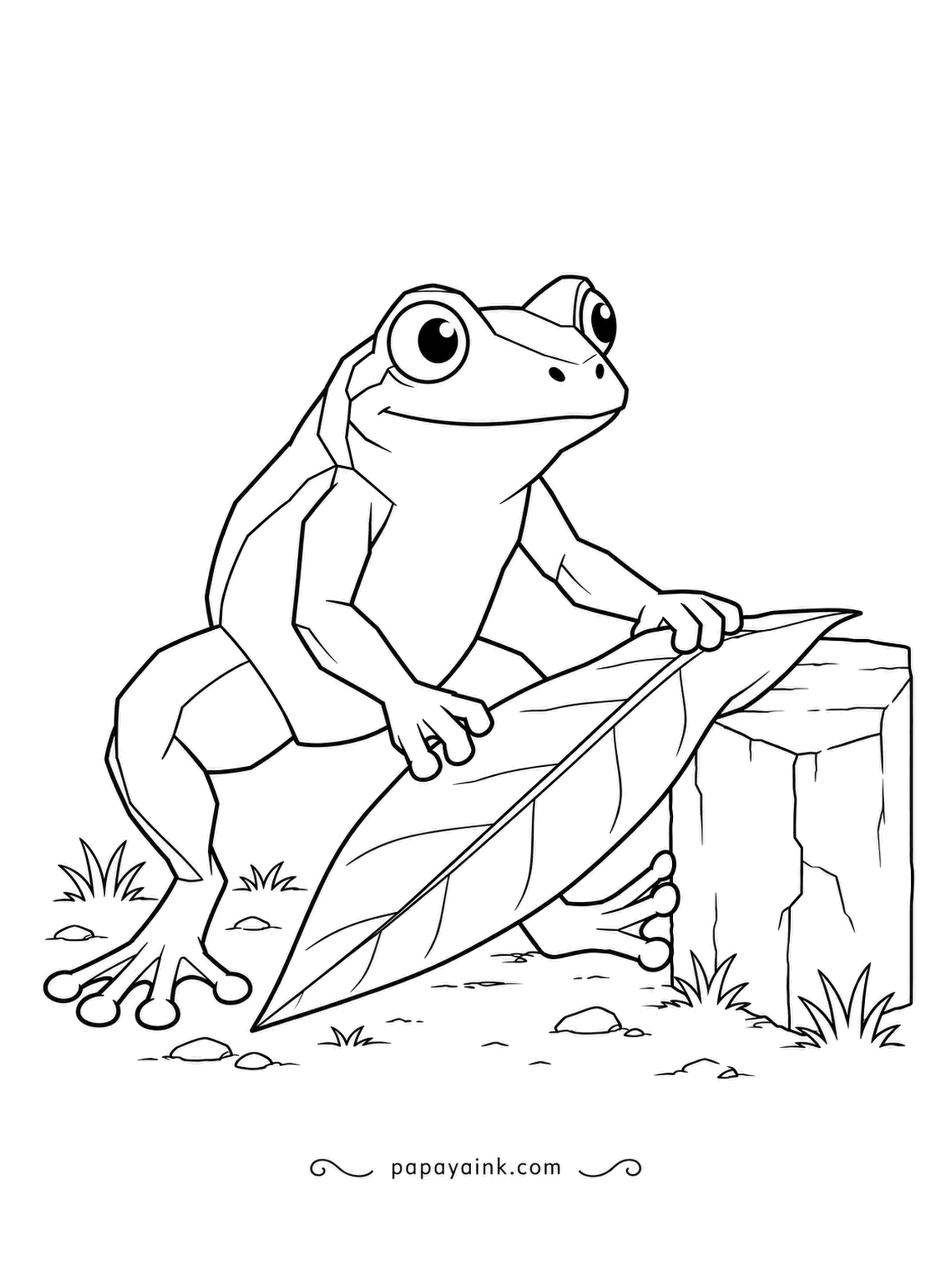Frog Coloring Pages - Propped against a stump, a broad frond becomes a ramp, and the faceted engineer is lifting the near edge to get the angle just right. Crisp planes and simple grass tufts.