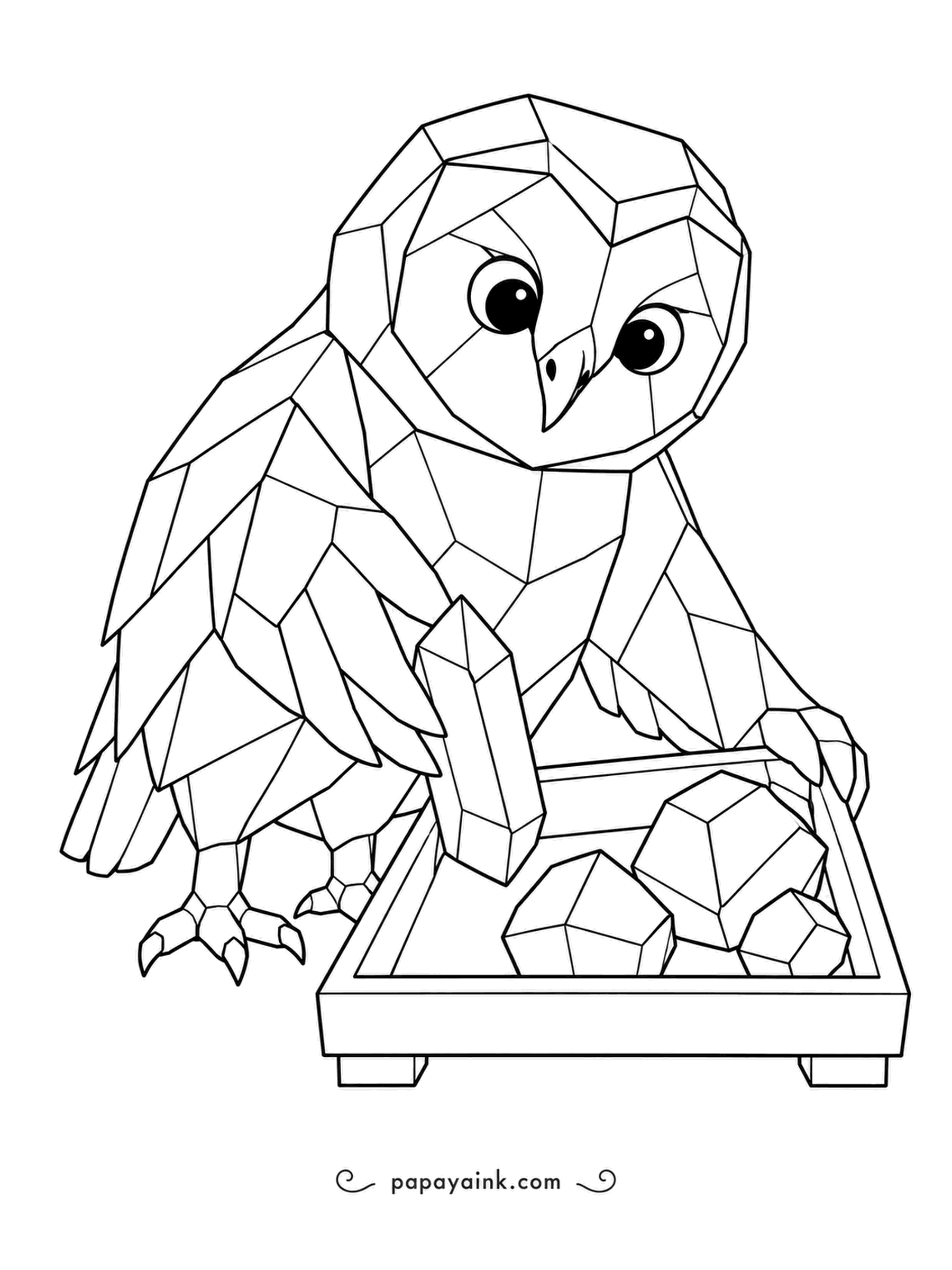 Owl Coloring Pages - Crystals grow in tidy geometric shapes because their atoms stack in repeating patterns, and the faceted owl is arranging a whole trayful of them. Try amethyst purples and quartz grays.