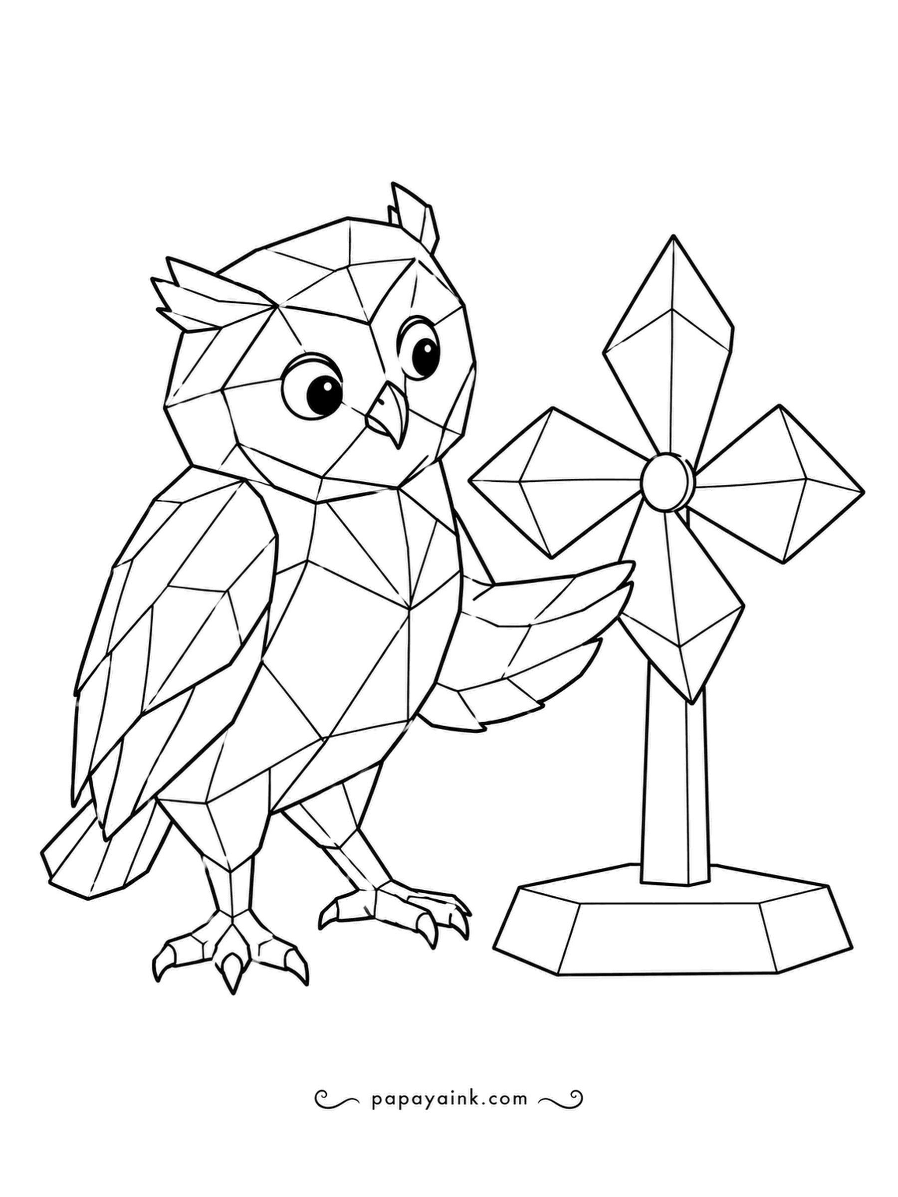 Owl Coloring Pages - Four crystal-cut blades on a stand, and a faceted owl turning the pinwheel by hand to watch the light catch the planes. Cool blues and violets suit the glassy look.