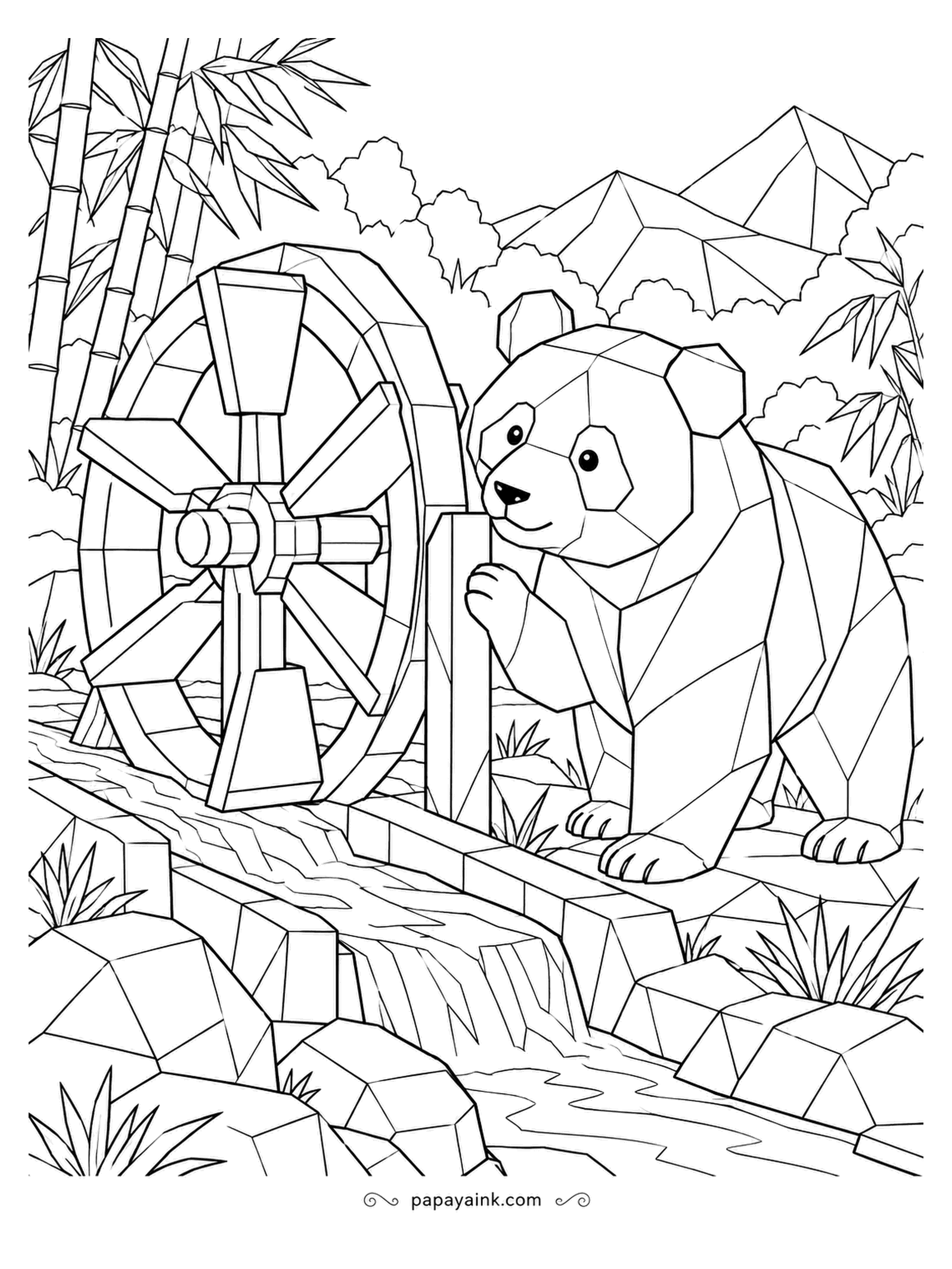 Panda Coloring Pages - A rushing stream turns the old waterwheel, and the panda leans on the post to feel it creak round. Rocks, bamboo and peaks are all cut into flat angular planes. Pick a cool palette for the water and warm browns for the wood.