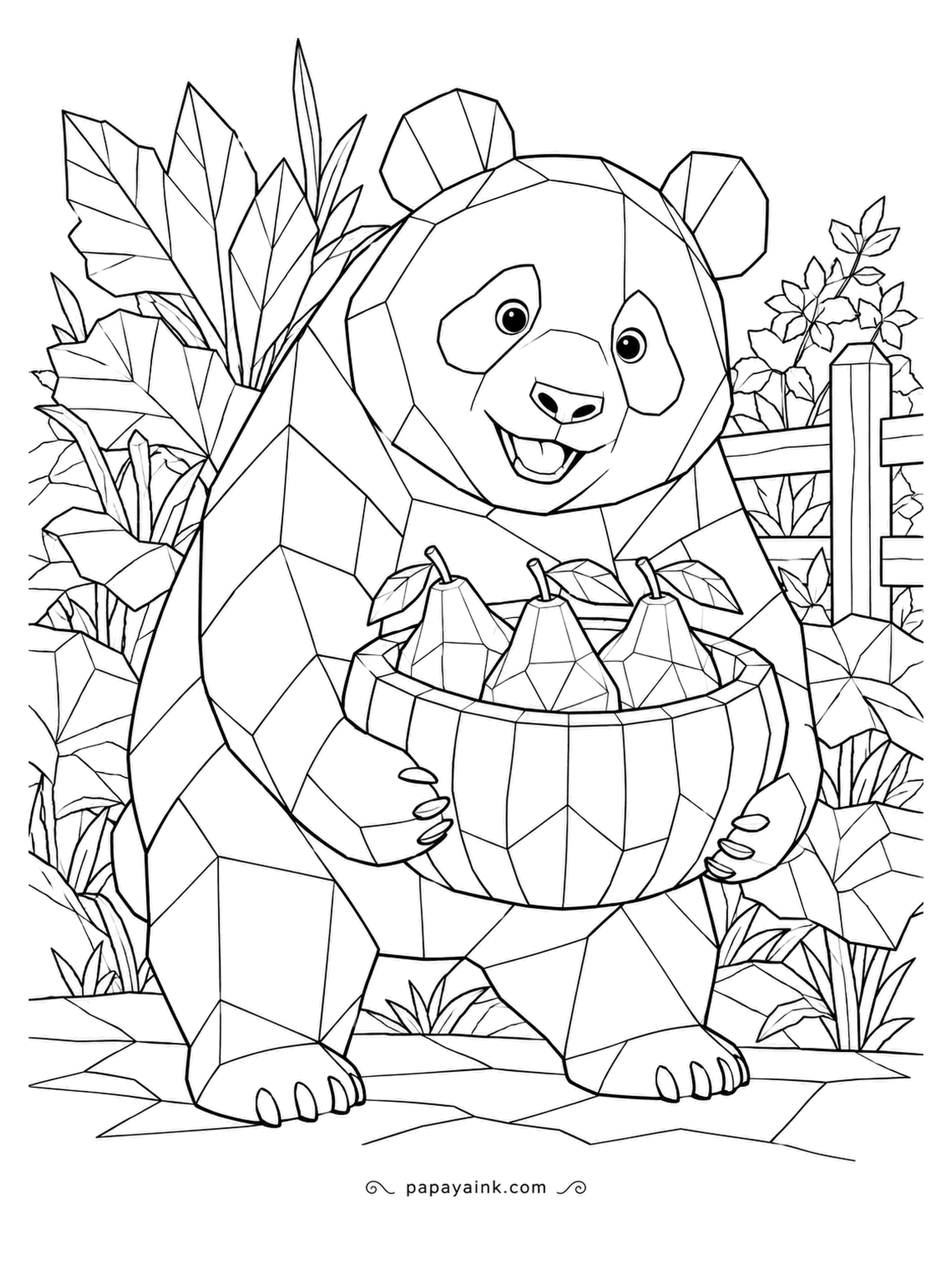 Panda Coloring Pages - A ribbed bowl shaped like a pumpkin, heaped with pears, and a panda carrying it home along the garden path with a wide grin. The whole scene is built from angular facets - give every one its own tone.