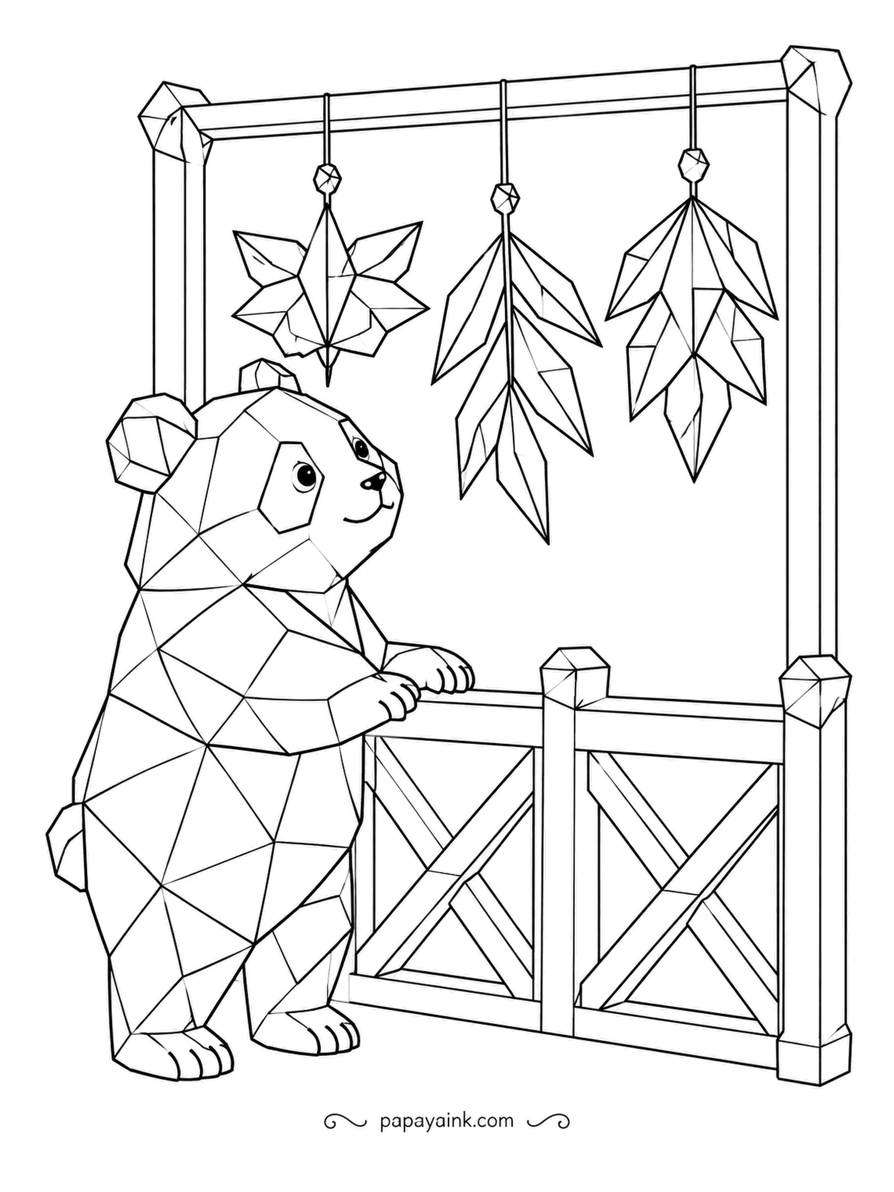 Panda Coloring Pages - Three paper cutouts hang from a wooden frame, turning in the breeze, and the panda rests both paws on the gate to watch them spin. Crisp geometric lines throughout - great with markers and a ruler.
