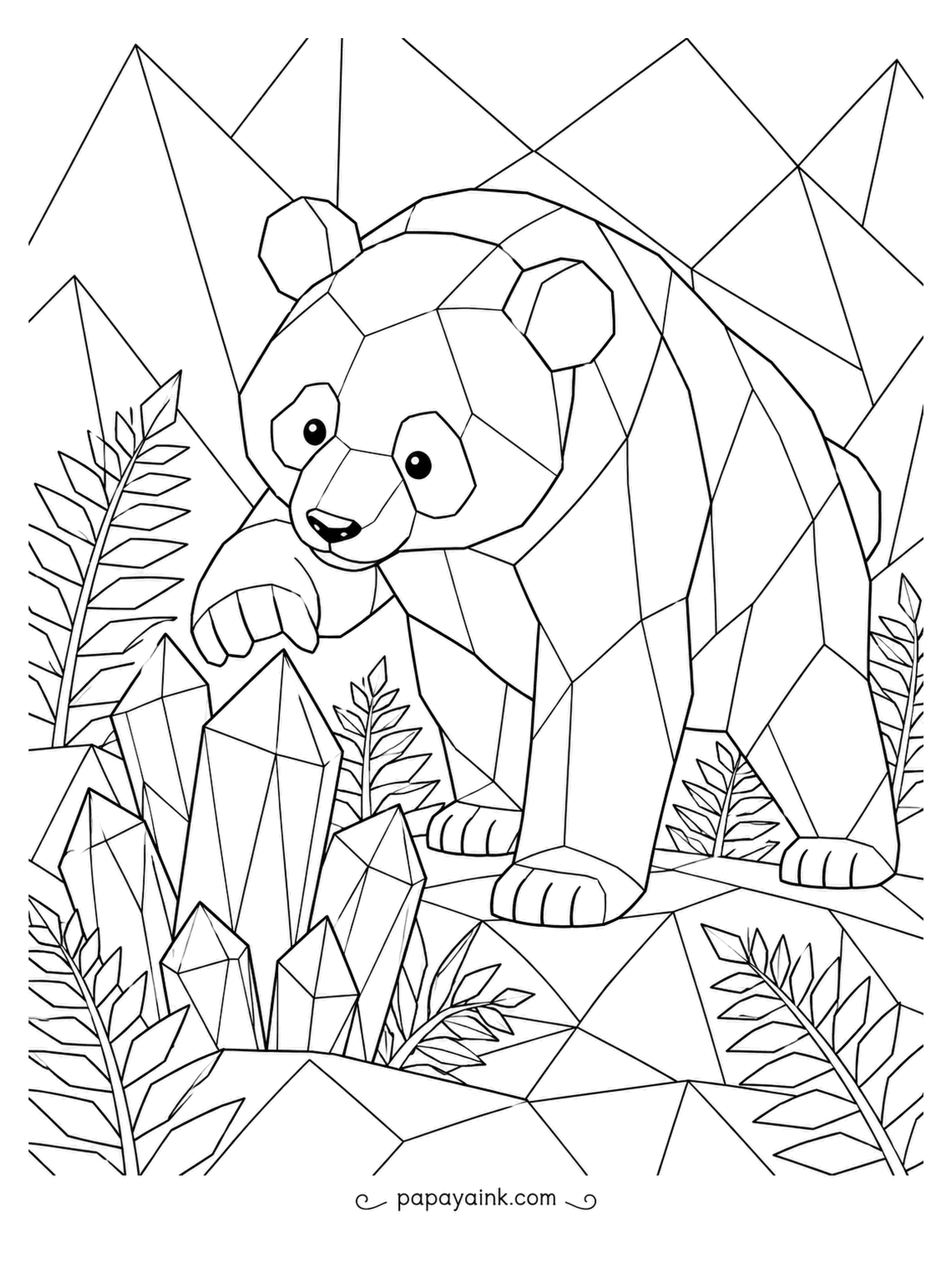Panda Coloring Pages - A crystal garden, and a panda reaching out to test the tallest point with one careful paw. Mountains, ferns and the bear are all drawn in straight lines. Pale blues and lilacs make the crystals glow.