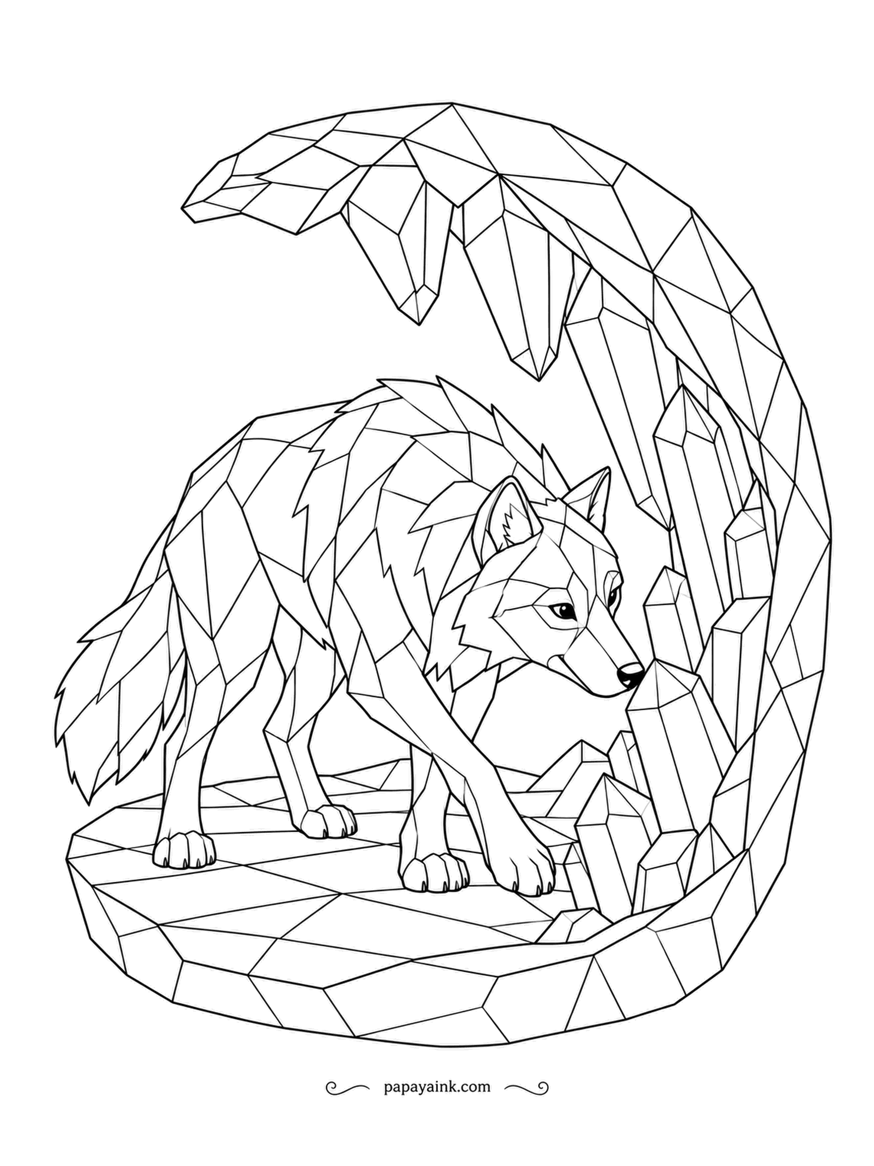 Wolf Coloring Pages - Crack open a giant geode and you might find a wolf already inside, built from the same sharp facets as the crystals around him. Amethyst purples suit the points, cool grays the fur. Lots of straight-edged pieces.