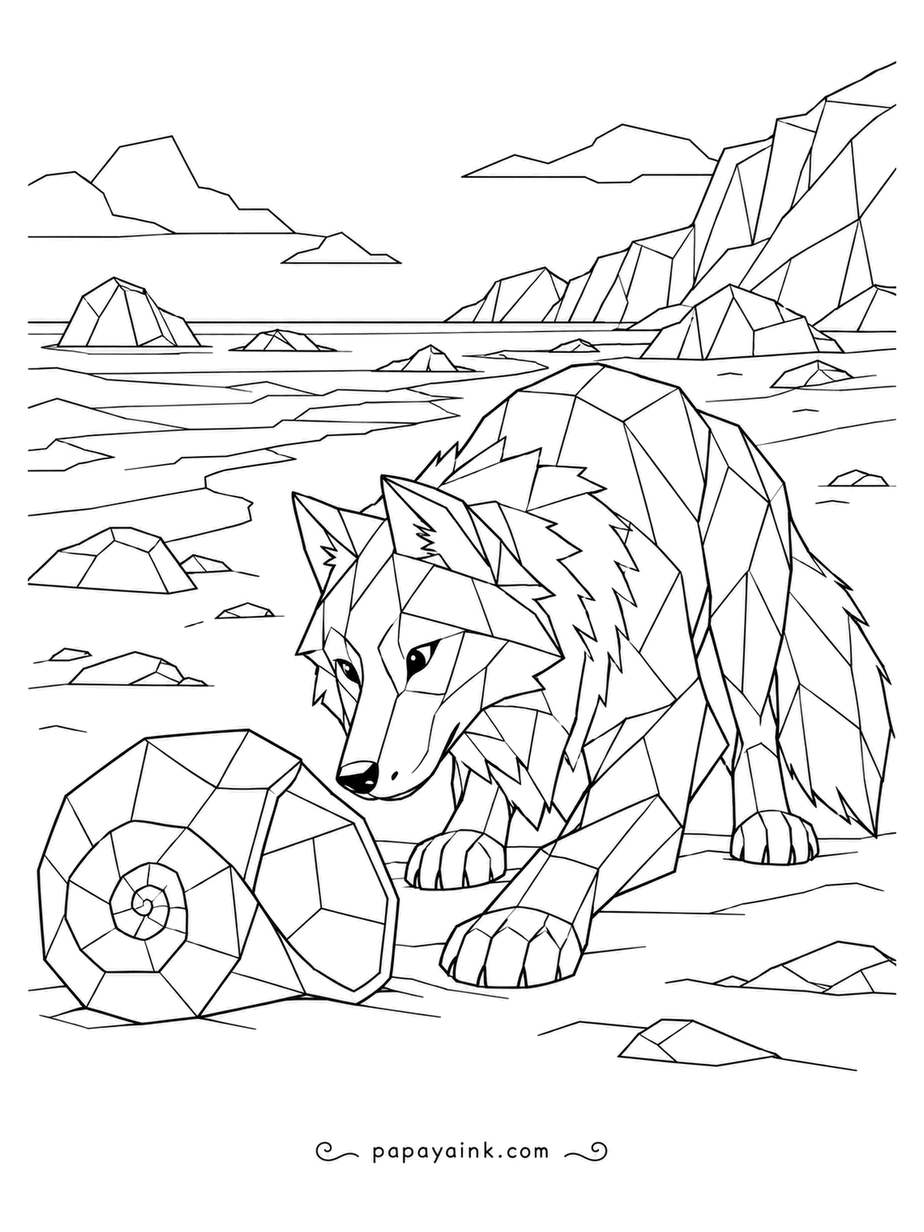 Wolf Coloring Pages - At low tide on a rocky shore, a faceted wolf crouches to examine a spiral shell bigger than its own head. The coastline behind is cut into the same sharp planes. Sandy beiges and stony blues keep it calm.