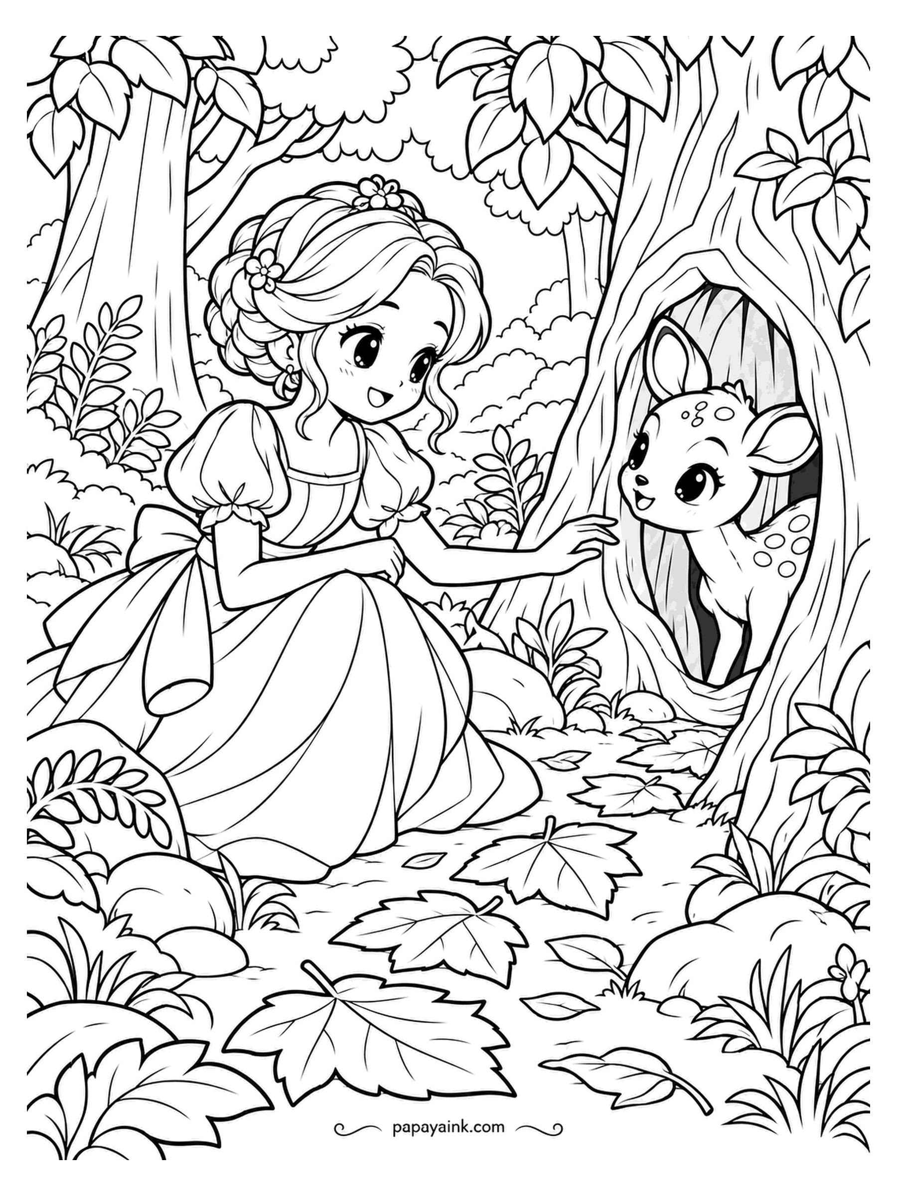 Kawaii Princess Coloring Pages - Follow the leaves and they end at a hollow tree. The princess kneels at the last one and reaches out slowly; the fawn inside the trunk has decided she is probably safe. Leaves on the ground in browns and golds, the fawn's spots left bare.
