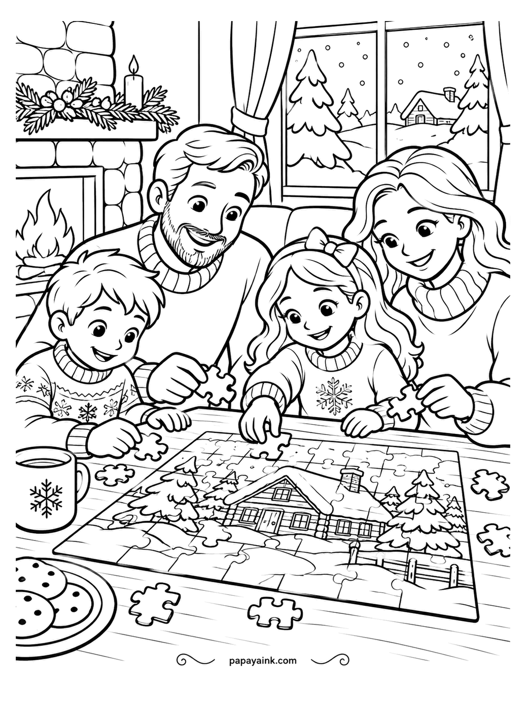 December Coloring Pages - Four people, one jigsaw, and the piece in the boy's hand is almost certainly the chimney. The finished picture is a snowy cabin, so the puzzle inside the puzzle can be colored as its own tiny landscape. Detailed.