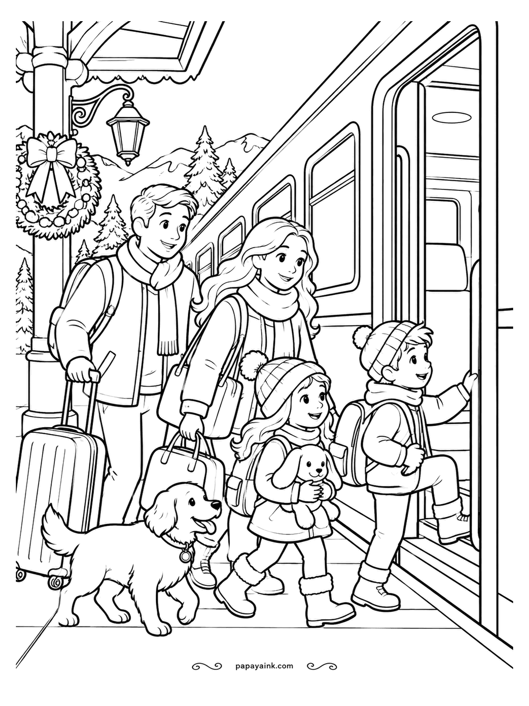 December Coloring Pages - Boarding the train for the grandparents' house with a rolling suitcase, a backpack, a stuffed rabbit under one arm and the dog trotting alongside. Mountains and pines show through the station roof. Detailed - railings, windows and luggage to work through.