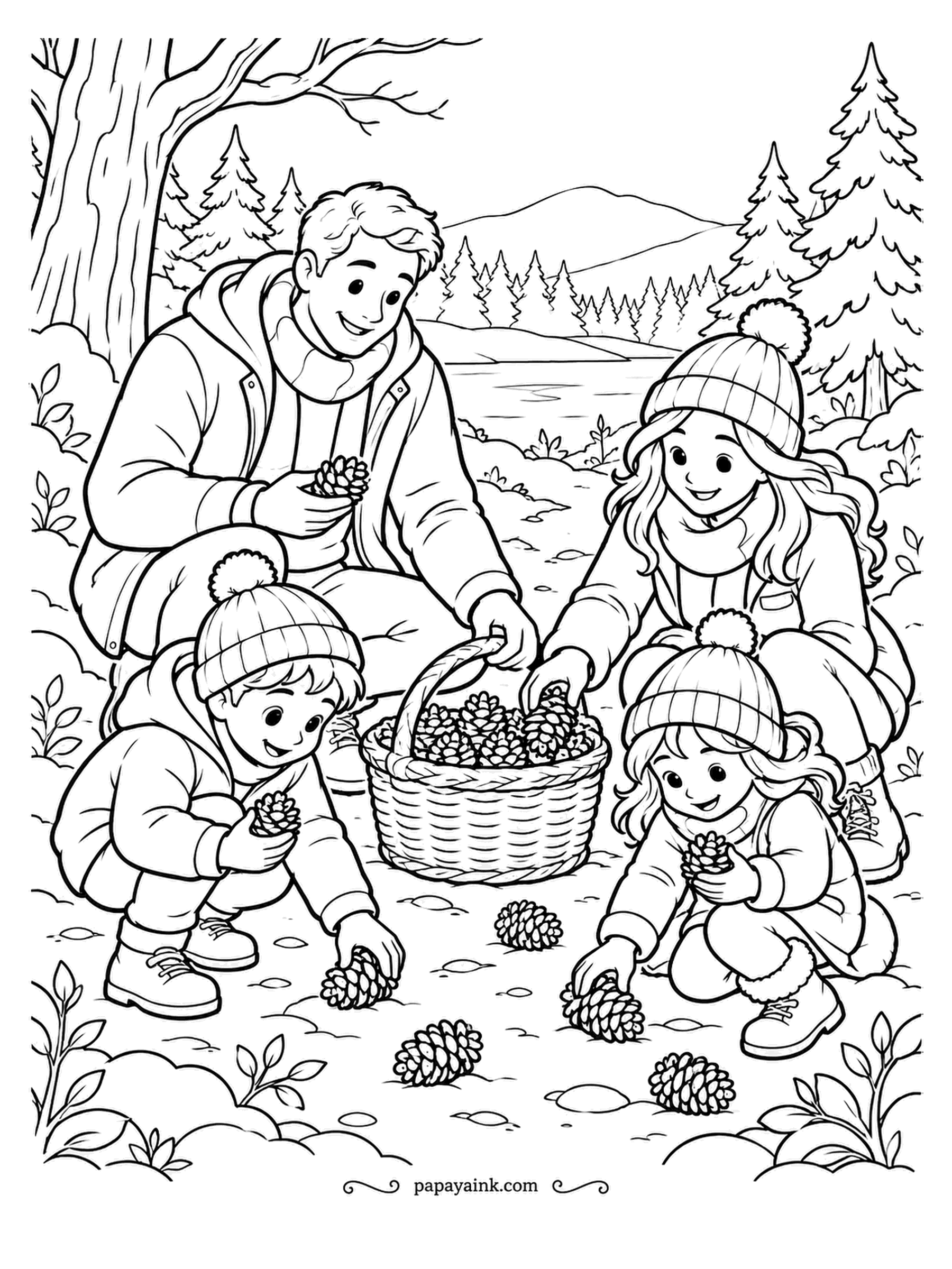 December Coloring Pages - A woodland walk with a purpose: the basket is full of pinecones and the children are still finding more under the oak. Vary the browns on the cones - no two from the same tree look alike.