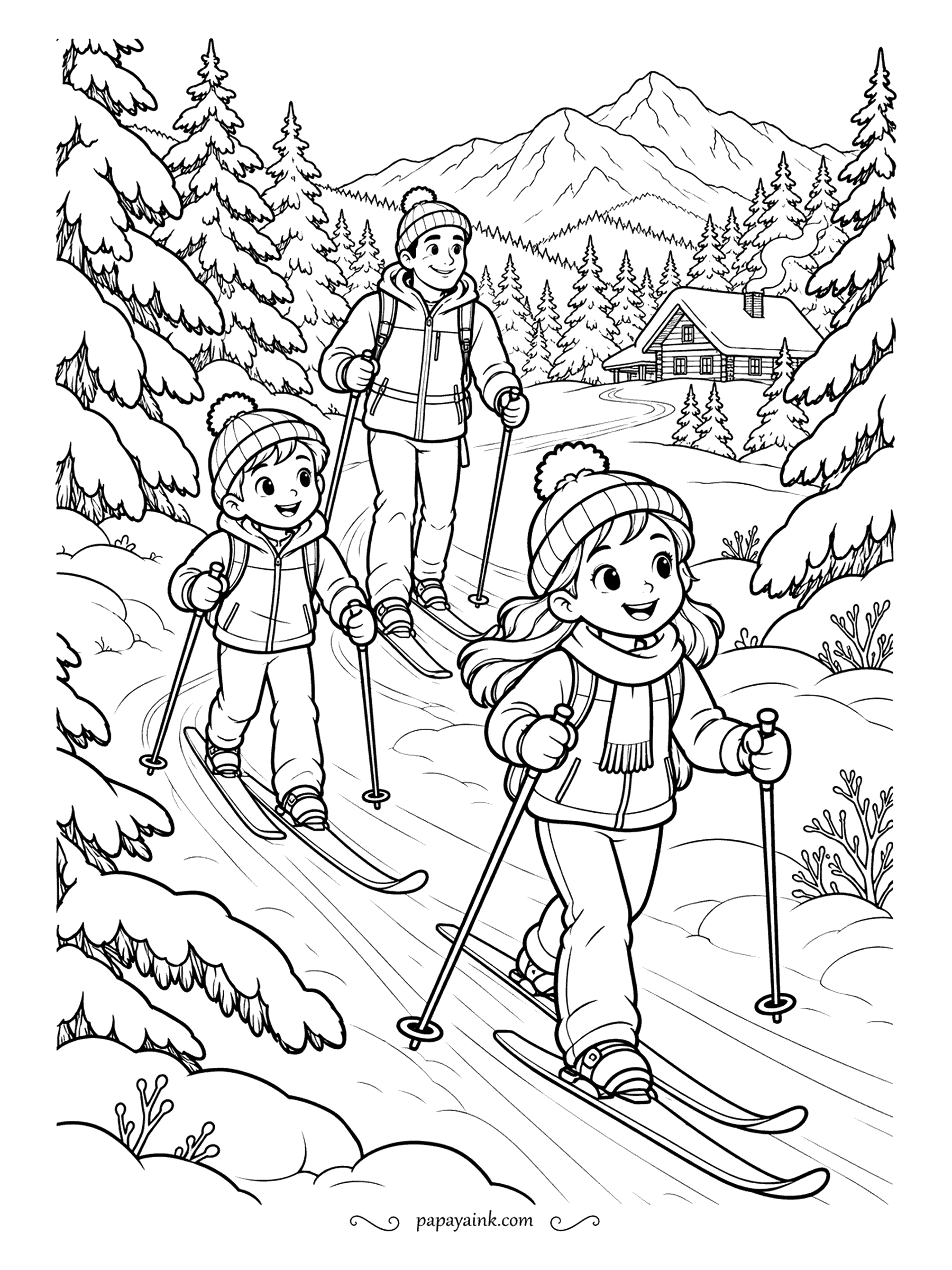 Free Printable Winter Coloring Pages - Three skiers on a packed trail through the firs, poles planted, a cabin in the valley and peaks beyond. The girl in front has the stride; the boy is still working on it. The laden branches are worth leaving mostly untouched.