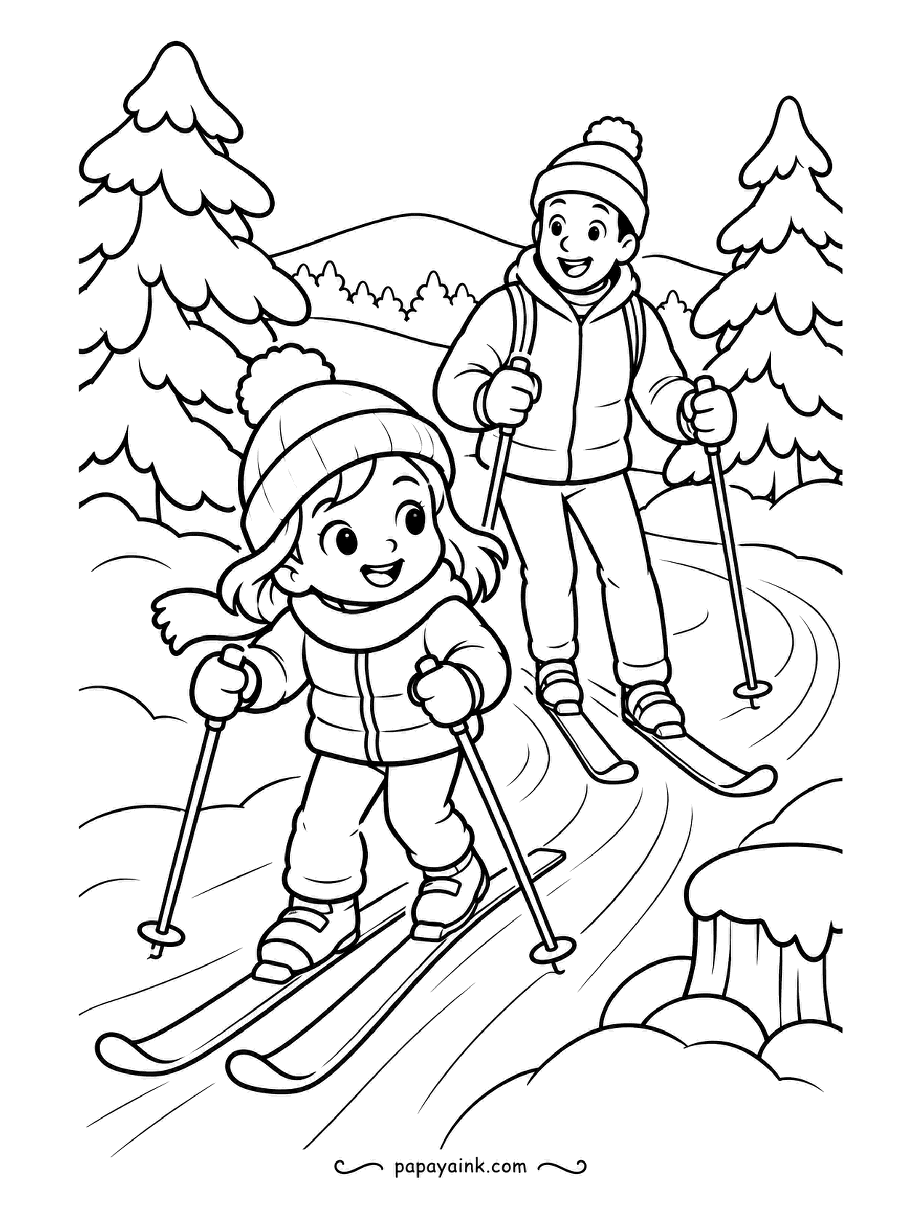 Free Printable Winter Coloring Pages - Father and daughter on skinny skis, poles planted, with their tracks curving back up the trail between the firs. The stump at the bottom corner has its own cap of snow. Add speed with a few blue lines behind the skis.