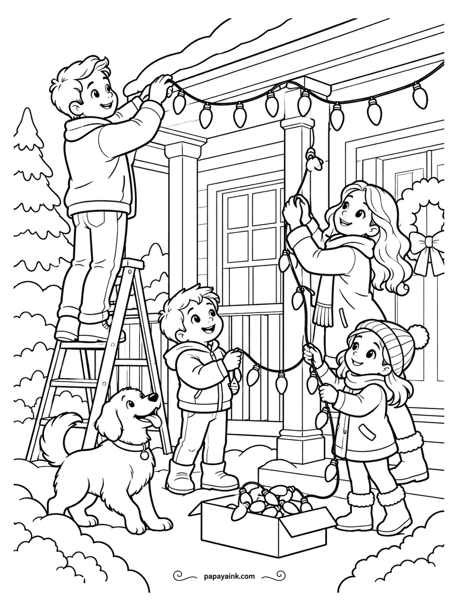 December Coloring Pages - One long string of lights goes up along the porch roof: father on the ladder, the rest feeding the cord from a box of spare bulbs, the retriever offering moral support. Give every bulb a different color, the way porch lights used to be.