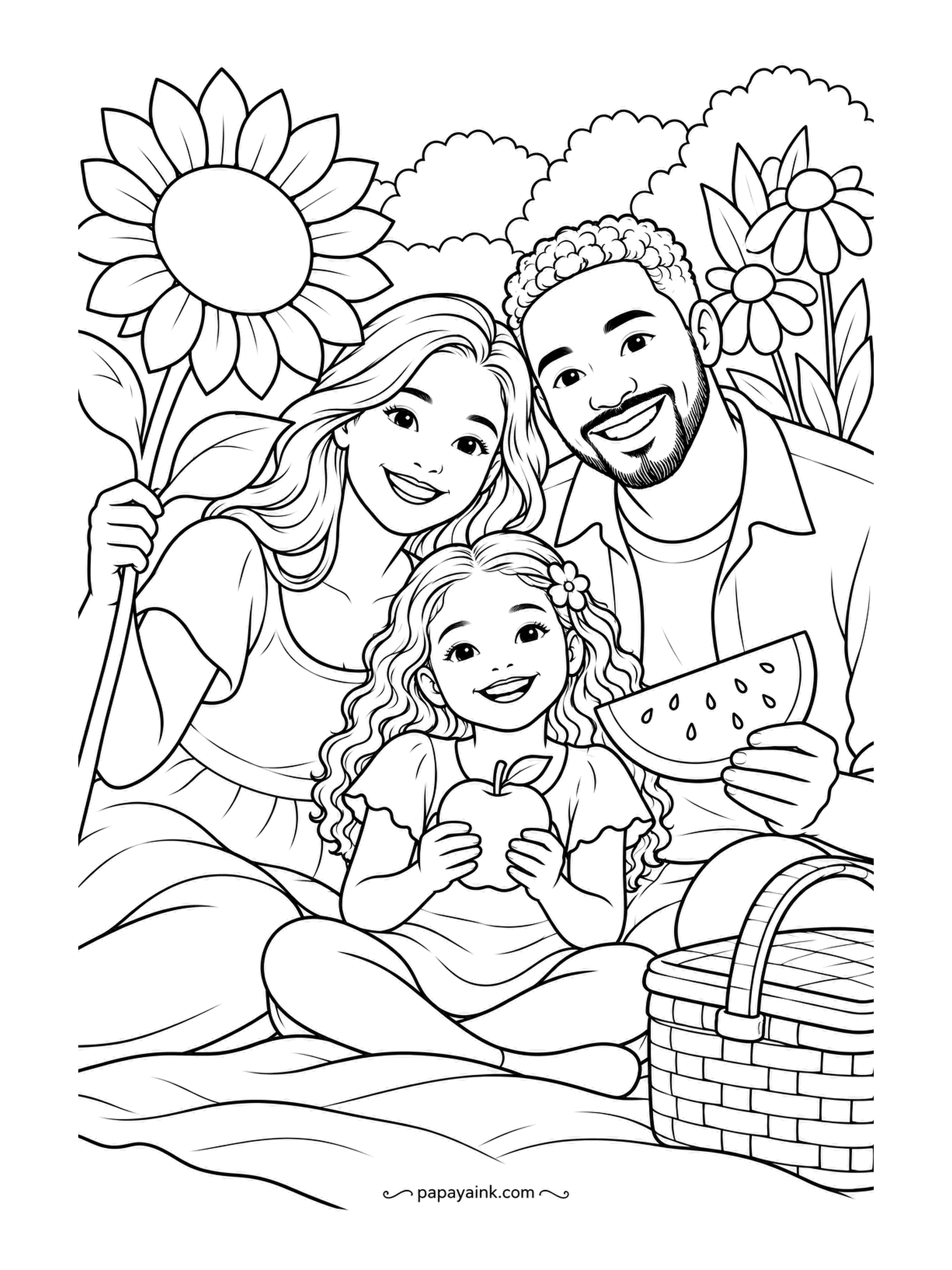 Garden Coloring Pages - Picnic on the lawn: parents, a daughter with an apple, a slice of watermelon in hand and a wicker basket at the edge of the blanket, sunflowers nodding overhead. Give the blanket a bold check or stripe; it anchors the whole sheet. Detailed.
