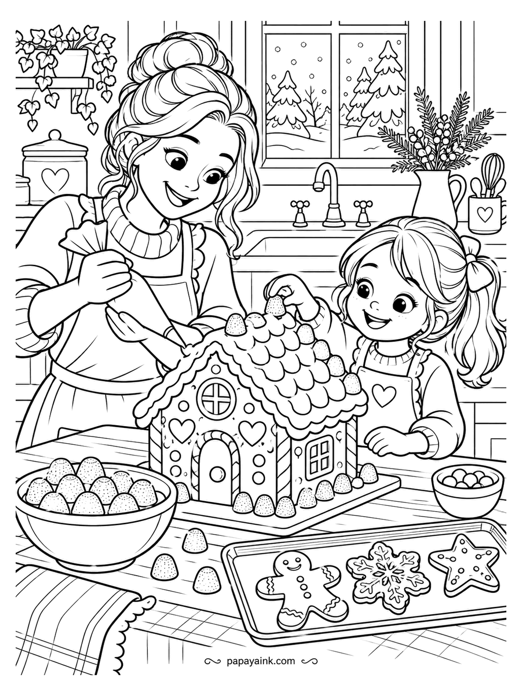 December Coloring Pages - Gingerbread house in progress, with the piping bag doing the roof tiles and a bowl of gumdrops ready for the walls. Cutout cookies cool on a tray. Warm brown for the house, pastel candy shades on the trim. Detailed - many small icing lines.