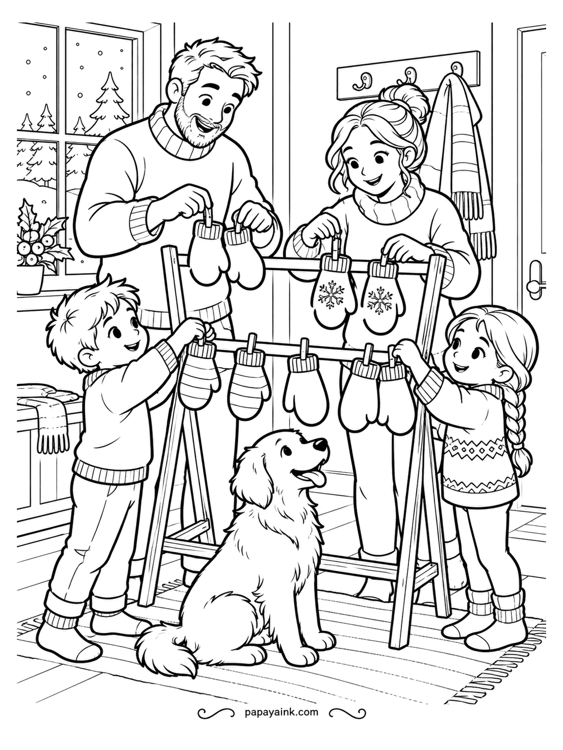 December Coloring Pages - Mitten laundry after a snowball fight: a full wooden rack, a parent at each end, and the retriever waiting to see if any fall. Give every mitten a different pattern - stripes, dots, snowflakes - and let no two match.