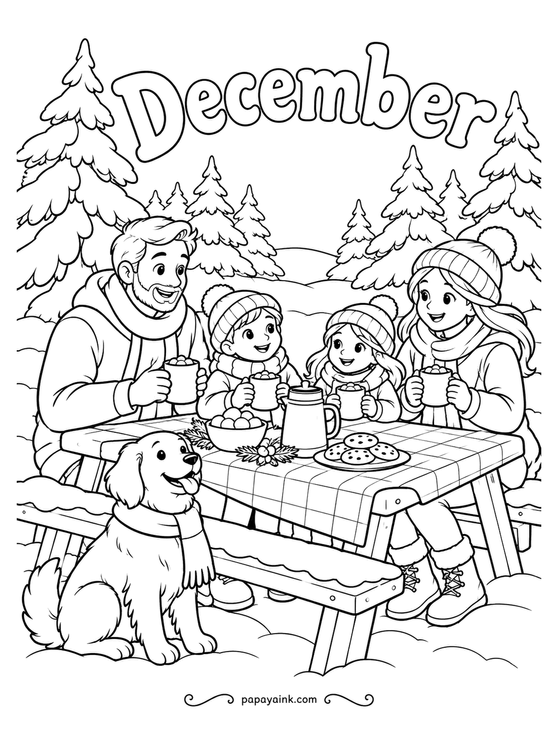 December Coloring Pages - Picnic at a table beneath snowy firs, December written across the sky, cocoa in every mug and the retriever in a scarf, waiting on the cookies. The checked tablecloth takes two tones; the firs want deep green with snow on top.