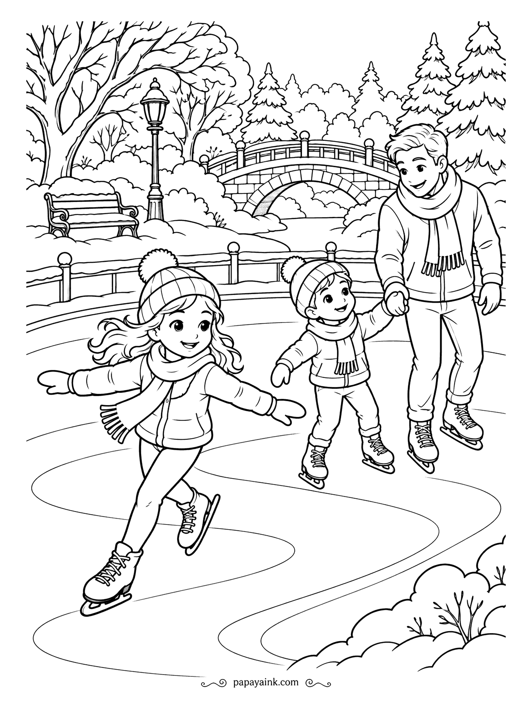 Free Printable Winter Coloring Pages - Dad keeps the small one upright while the older sister has already gone off on a glide of her own. A stone bridge arches over the park stream past the railing, with a bench under the trees. Trace the skate marks in the lightest blue.