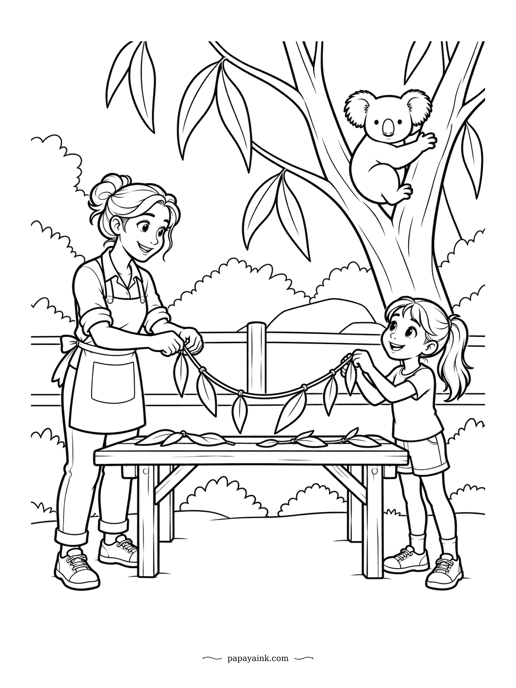 Koala Coloring Pages - A garland of gum leaves, strung one by one. The girl holds her end tight while the grown-up ties on the next leaf, and the koala overhead keeps its own leaves well away from the project. Bold, easy lines.