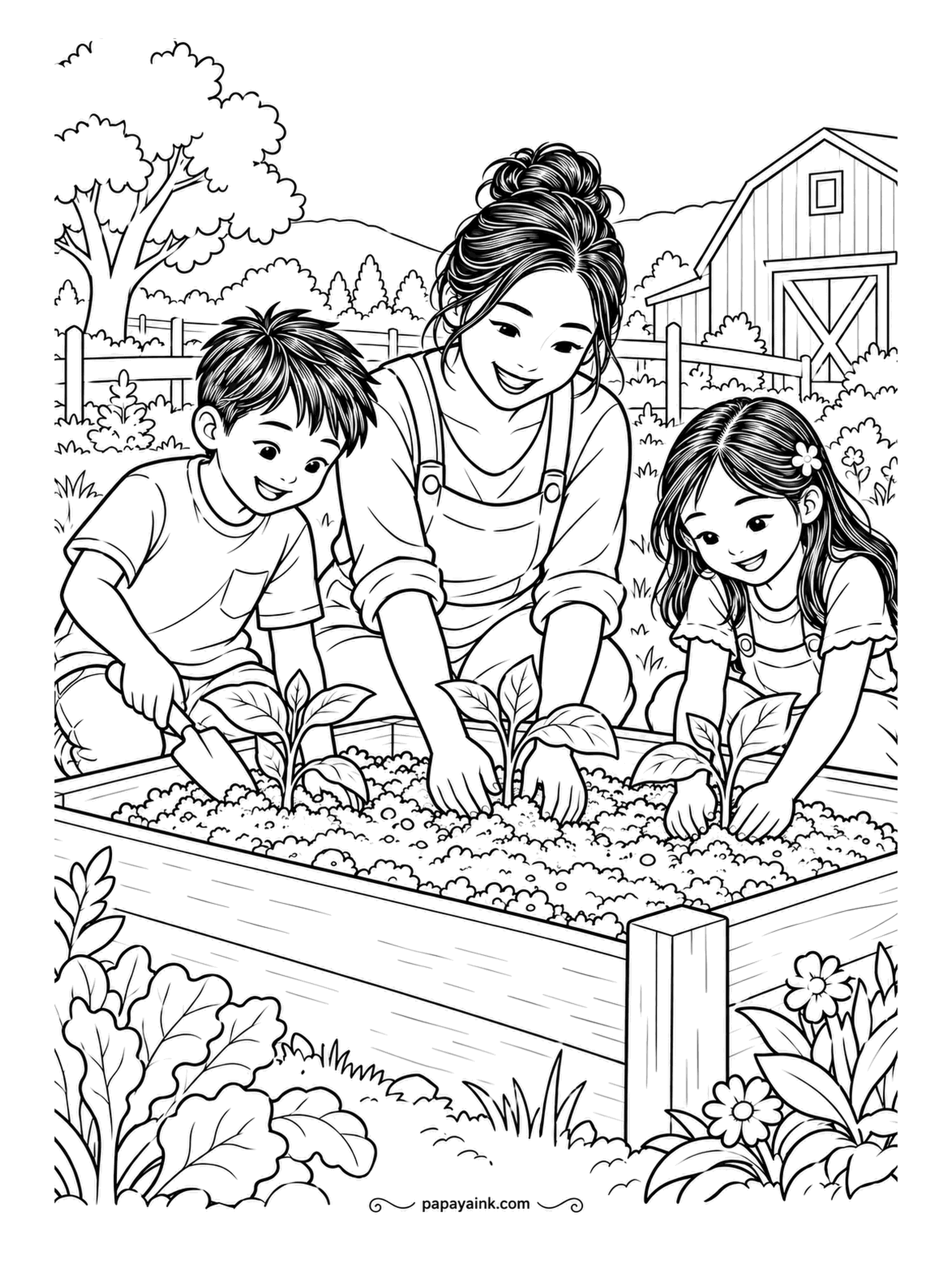 Farm Coloring Pages - Three gardeners, one grown and two small, pressing seedlings into a raised bed, each with a plant and a patch of soil to call their own. Dark brown for the fresh soil, and the tiny seedlings in the brightest green on the page.