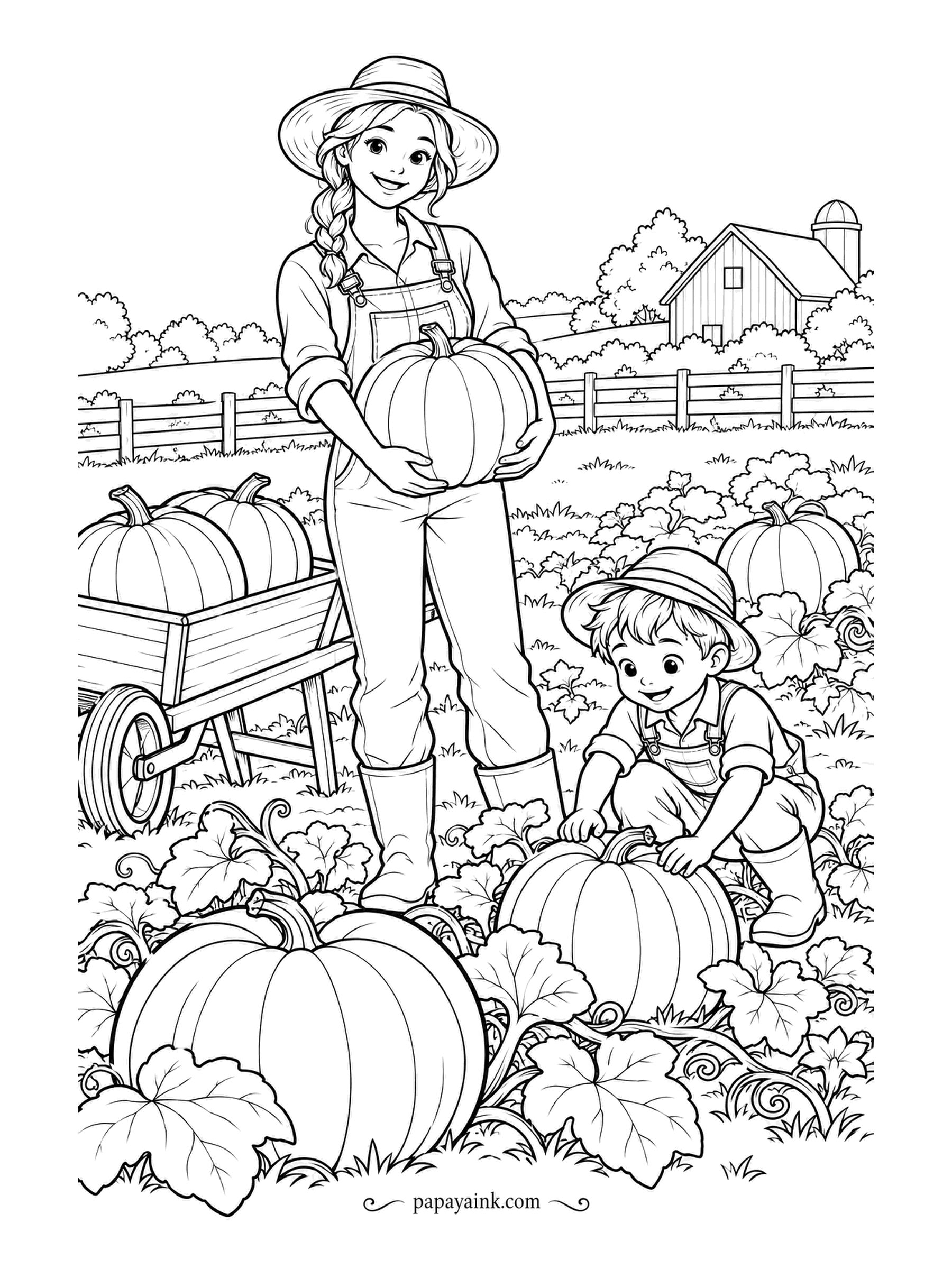 Farm Coloring Pages - Mother and child in the pumpkin patch, she with a pumpkin in her arms, the little one kneeling to claim the biggest. A cart waits, already loaded. Denim blue for the overalls, orange everywhere else.